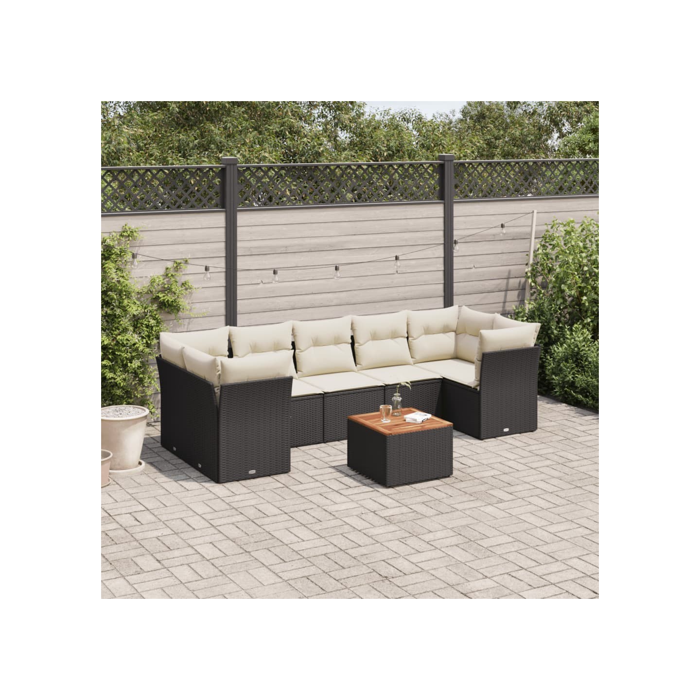 Salon de jardin 8 pcs avec coussins noir résine tressée