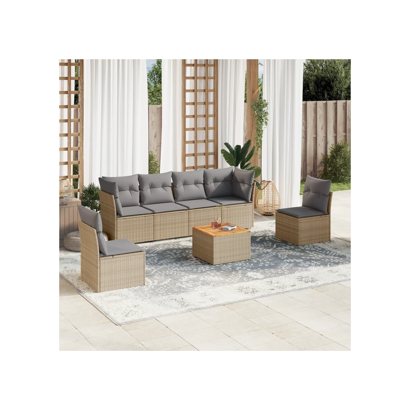 Salon de jardin avec coussins 7 pcs beige résine tressée