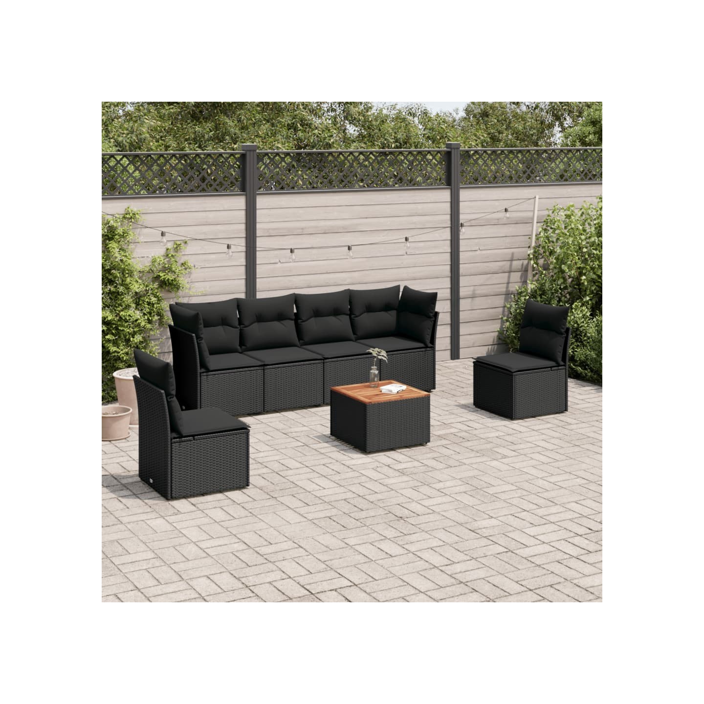 Salon de jardin 7 pcs avec coussins noir résine tressée