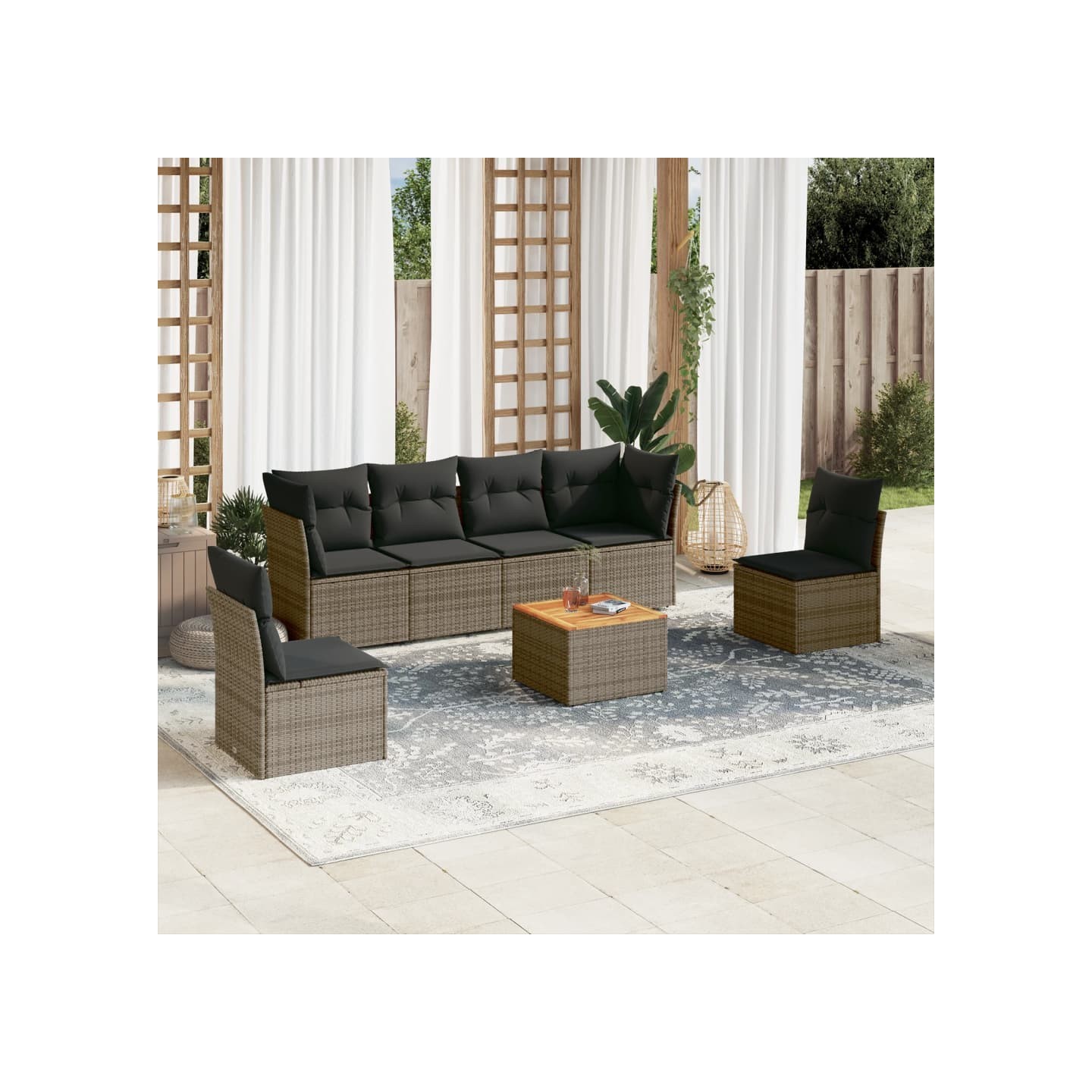 Salon de jardin avec coussins 7 pcs gris résine tressée