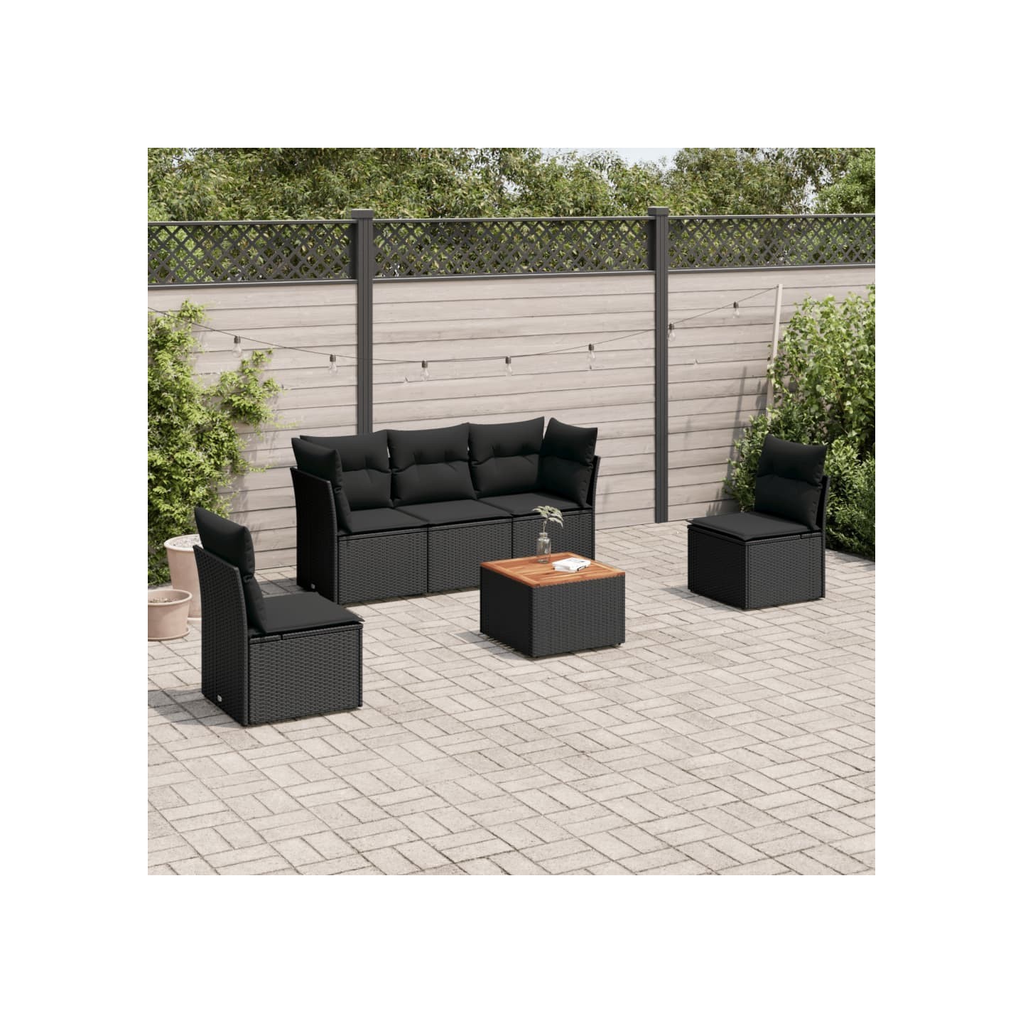 Salon de jardin 6 pcs avec coussins noir résine tressée