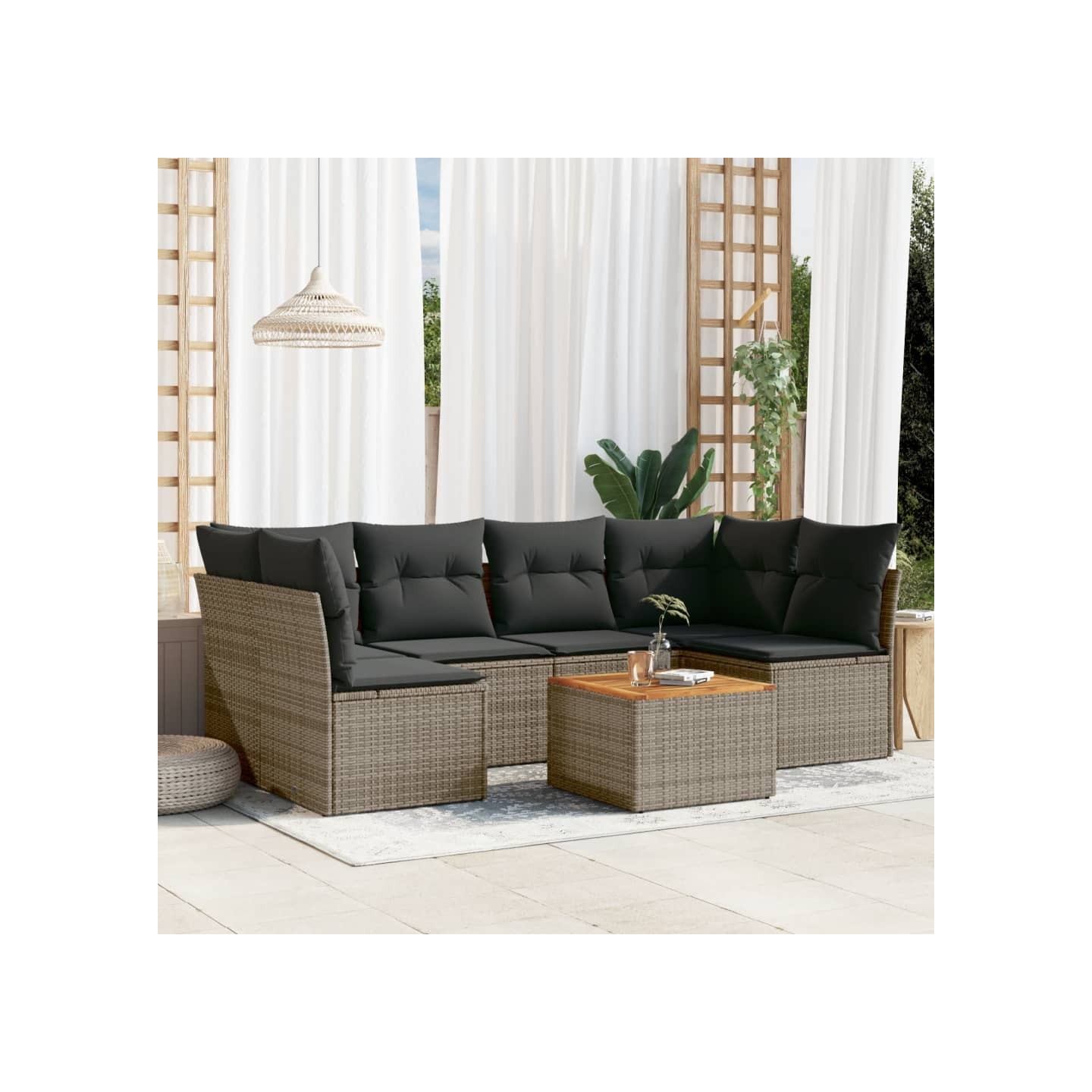 Salon de jardin avec coussins 7 pcs gris résine tressée