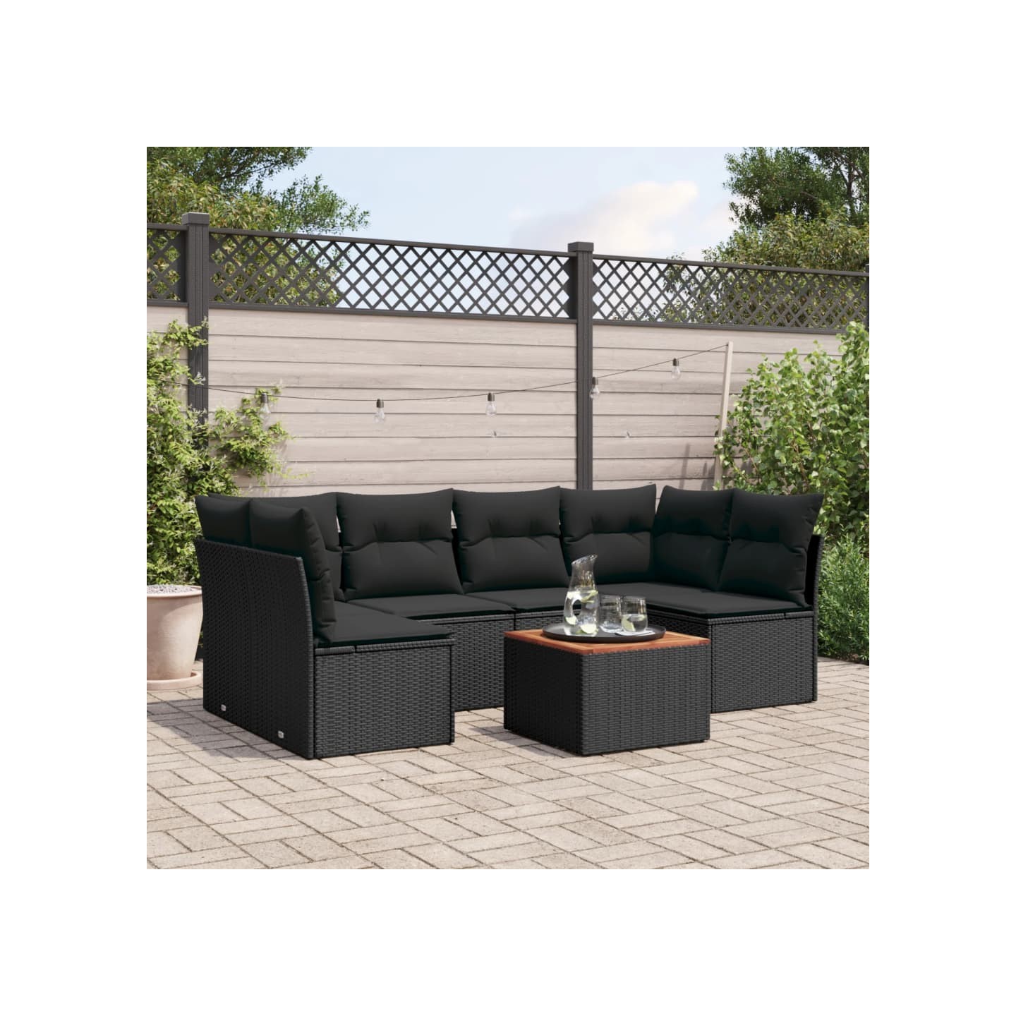 Salon de jardin 7 pcs avec coussins noir résine tressée