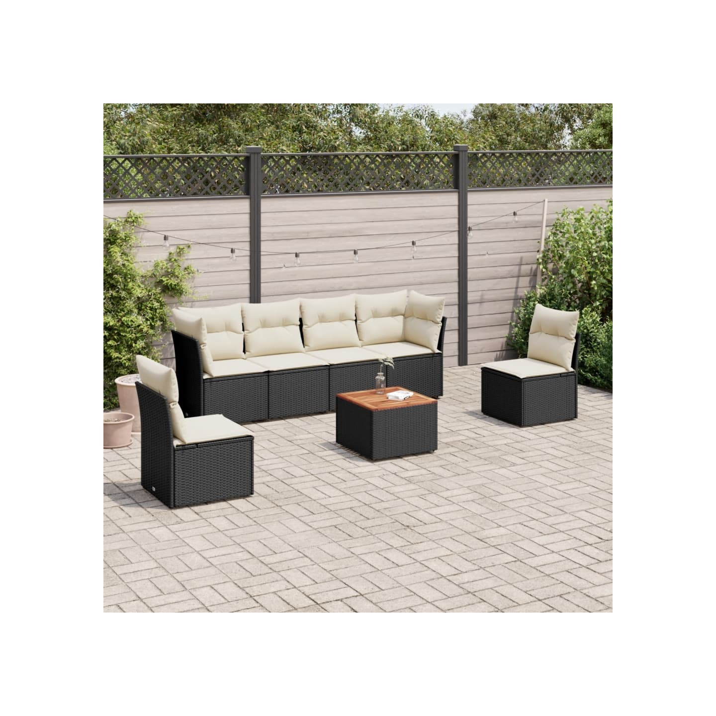 Salon de jardin 7 pcs avec coussins noir résine tressée