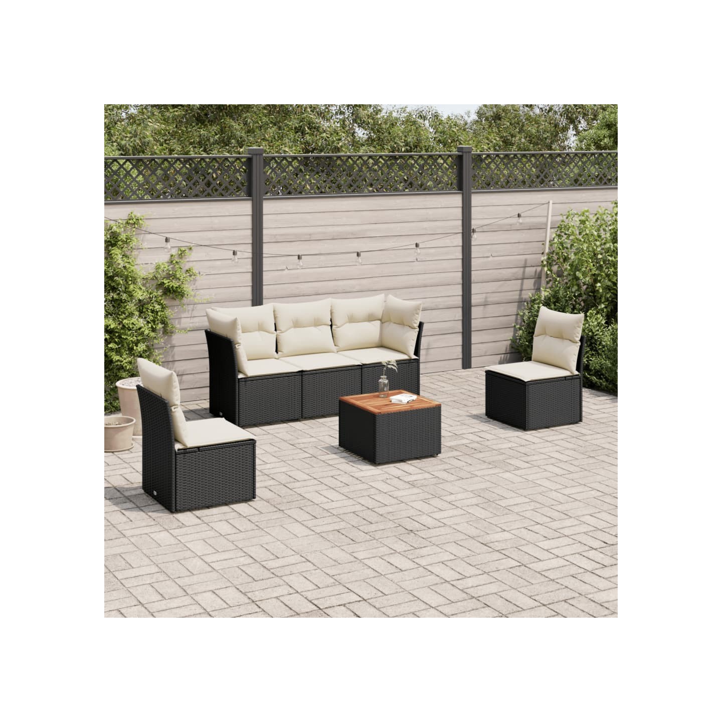 Salon de jardin 6 pcs avec coussins noir résine tressée