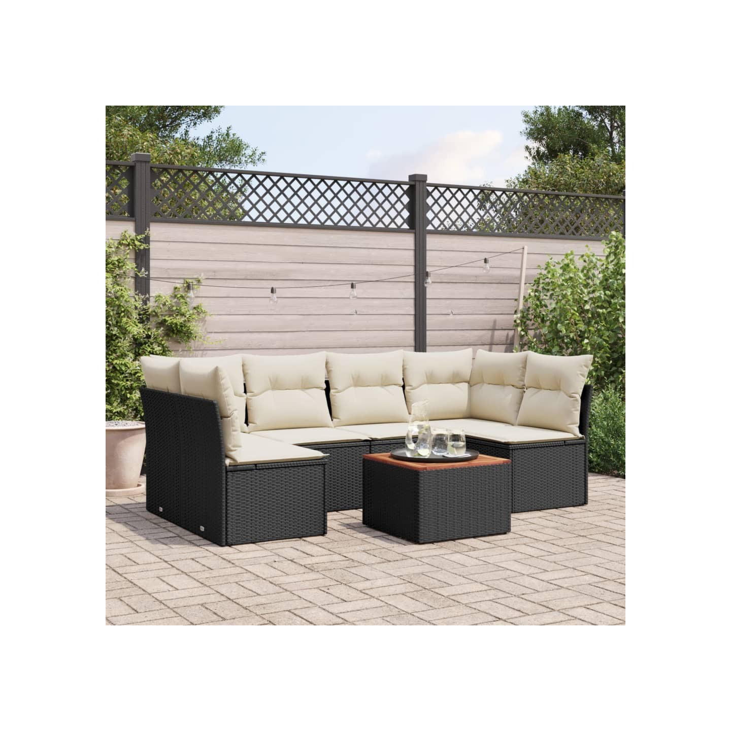 Salon de jardin 7 pcs avec coussins noir résine tressée