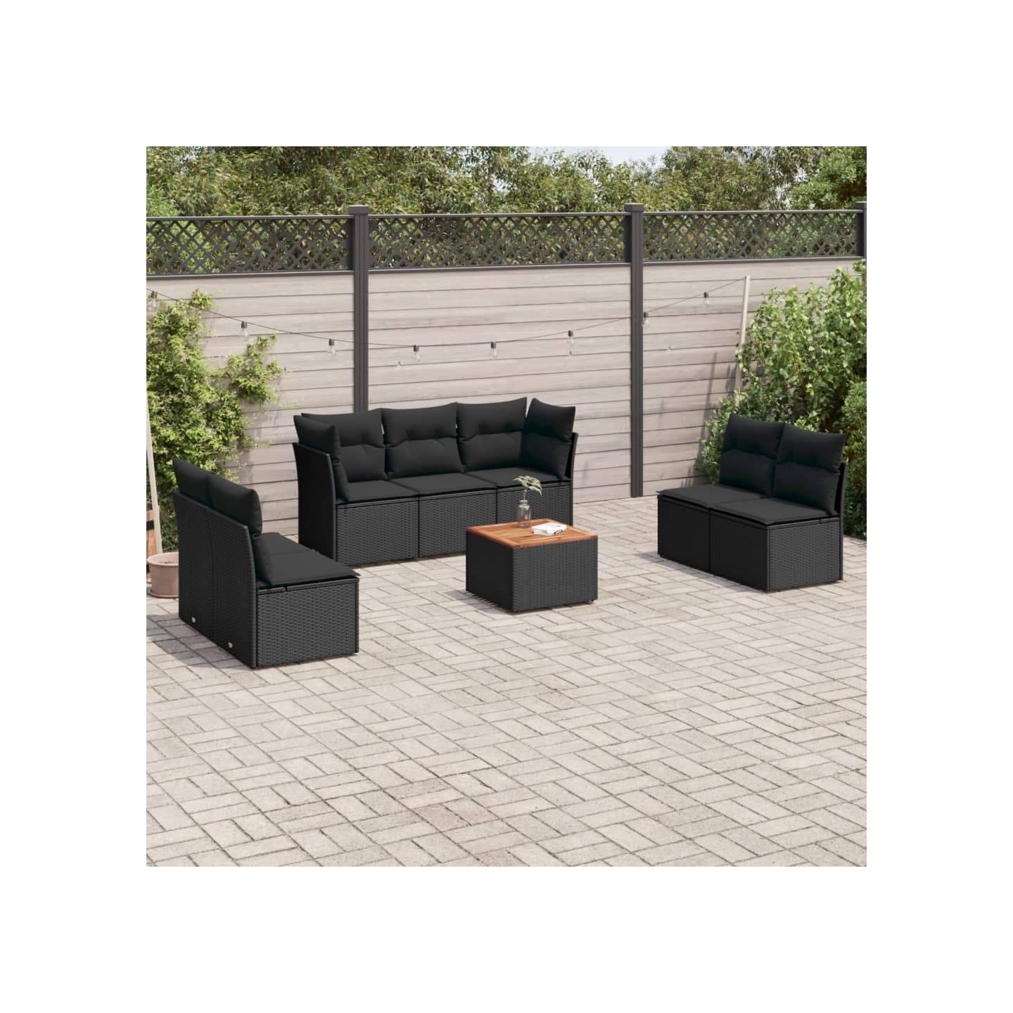 Salon de jardin 8 pcs avec coussins noir résine tressée