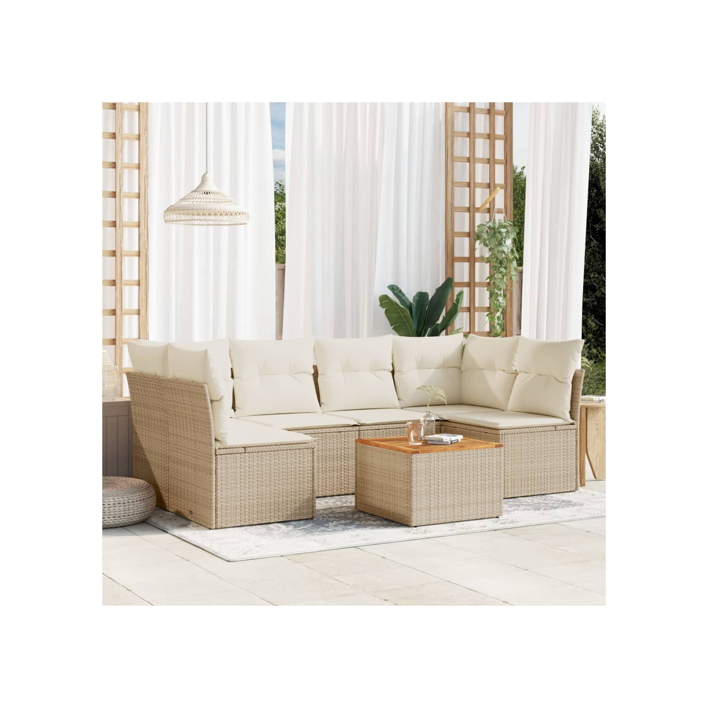 Salon de jardin avec coussins 7 pcs beige résine tressée
