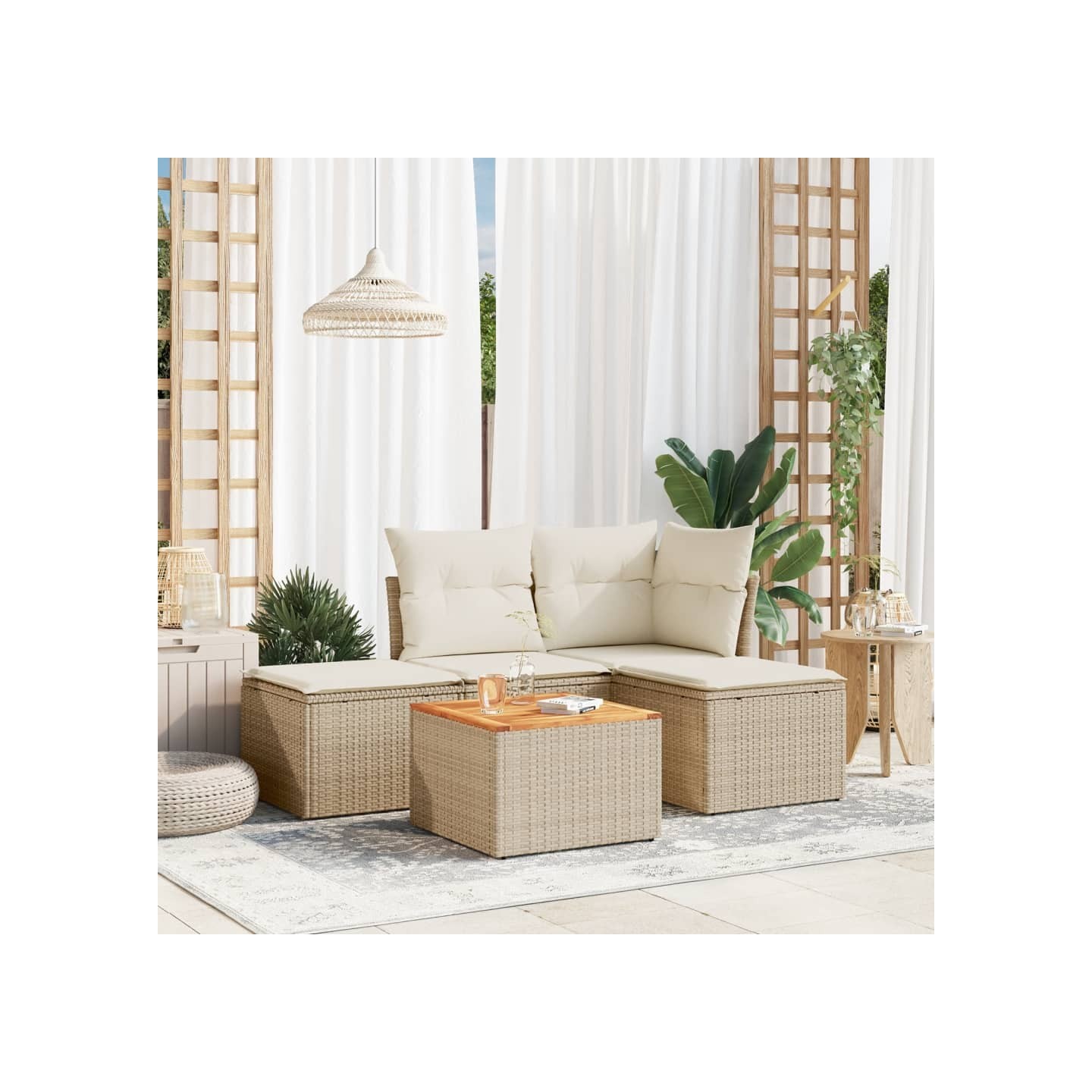 Salon de jardin avec coussins 5 pcs beige résine tressée