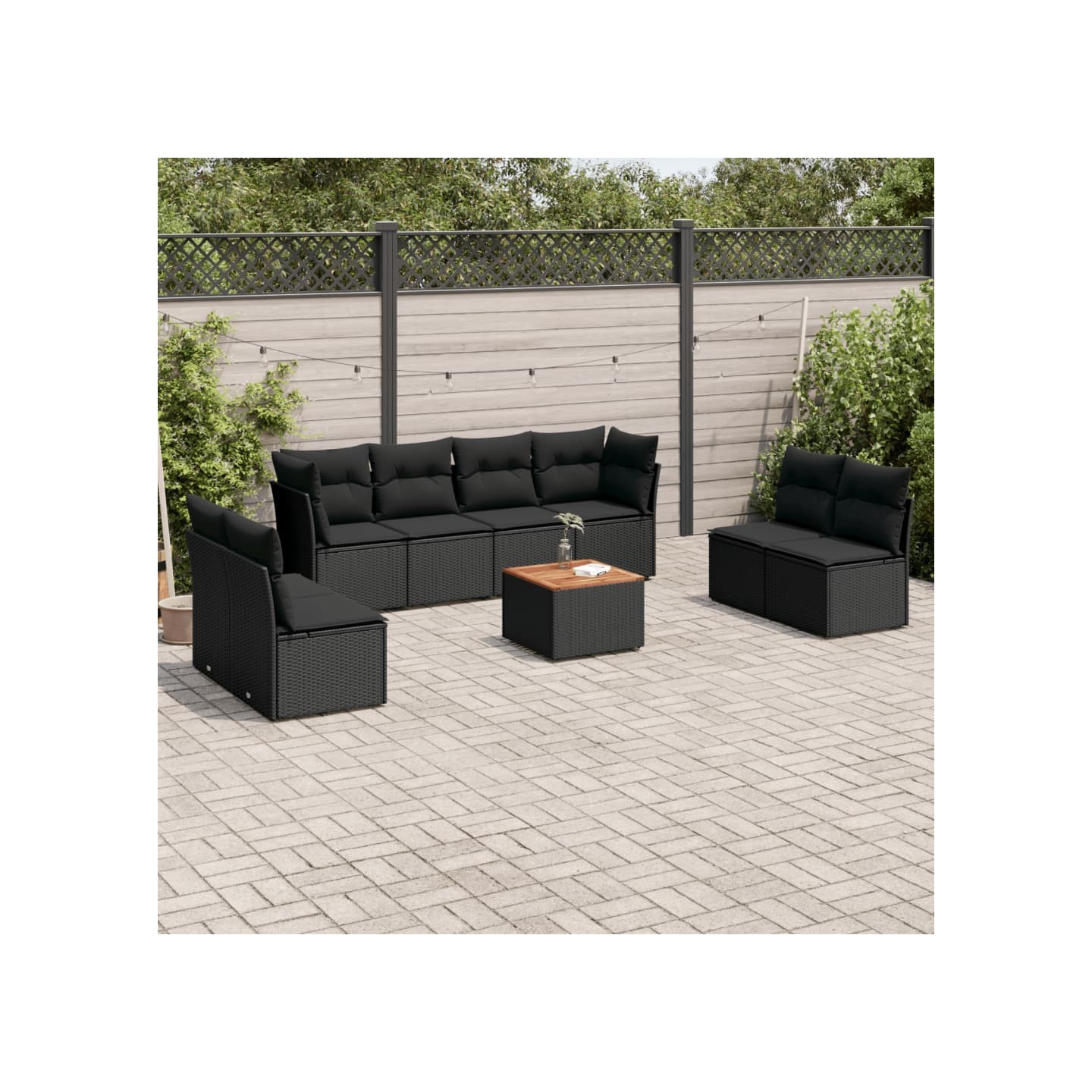 Salon de jardin 9 pcs avec coussins noir résine tressée