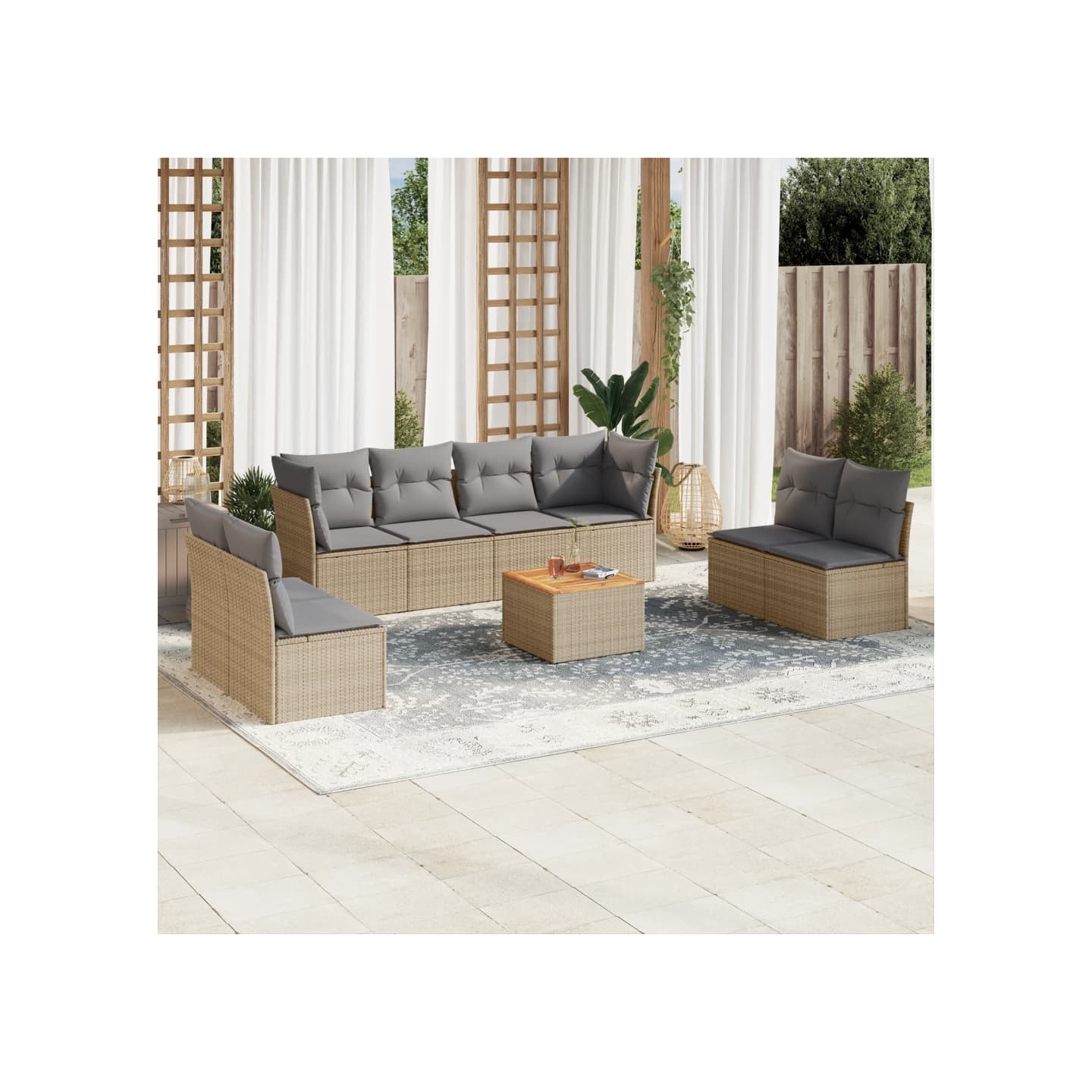 Salon de jardin avec coussins 9 pcs beige résine tressée