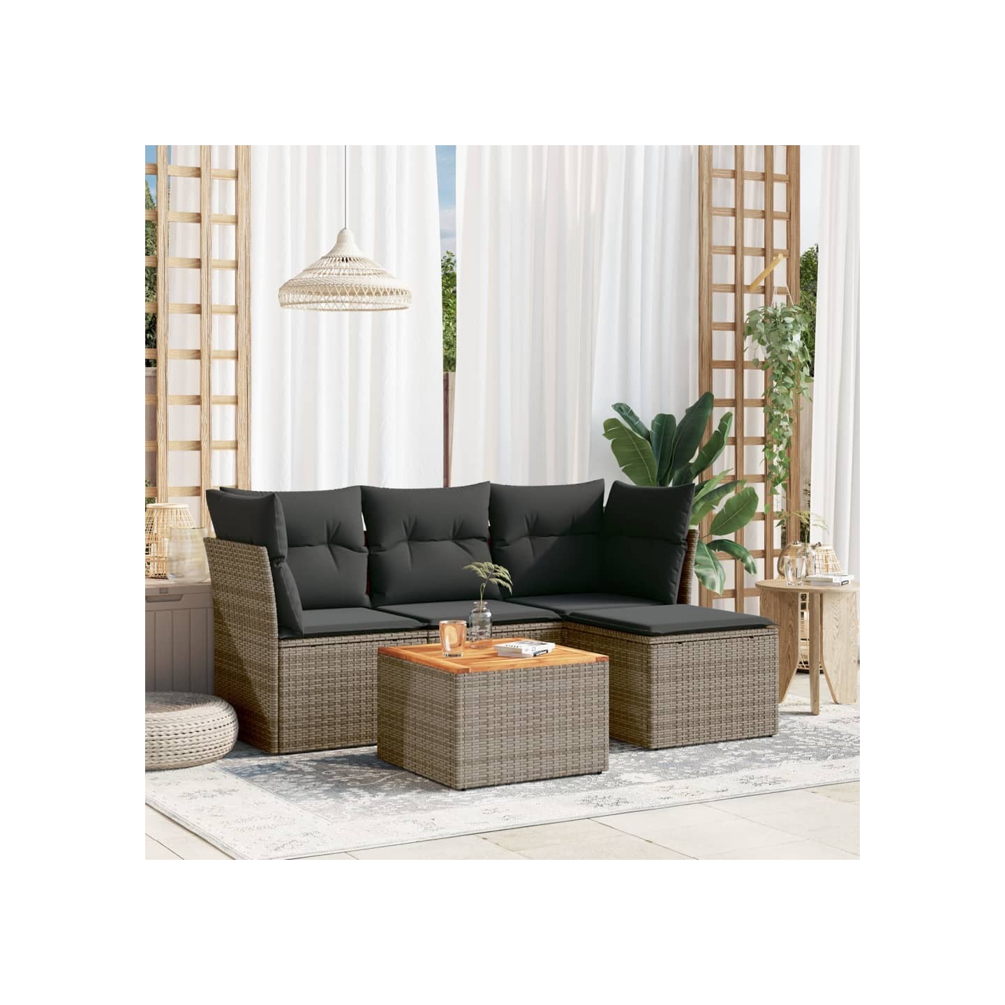 Salon de jardin 5 pcs avec coussins gris résine tressée