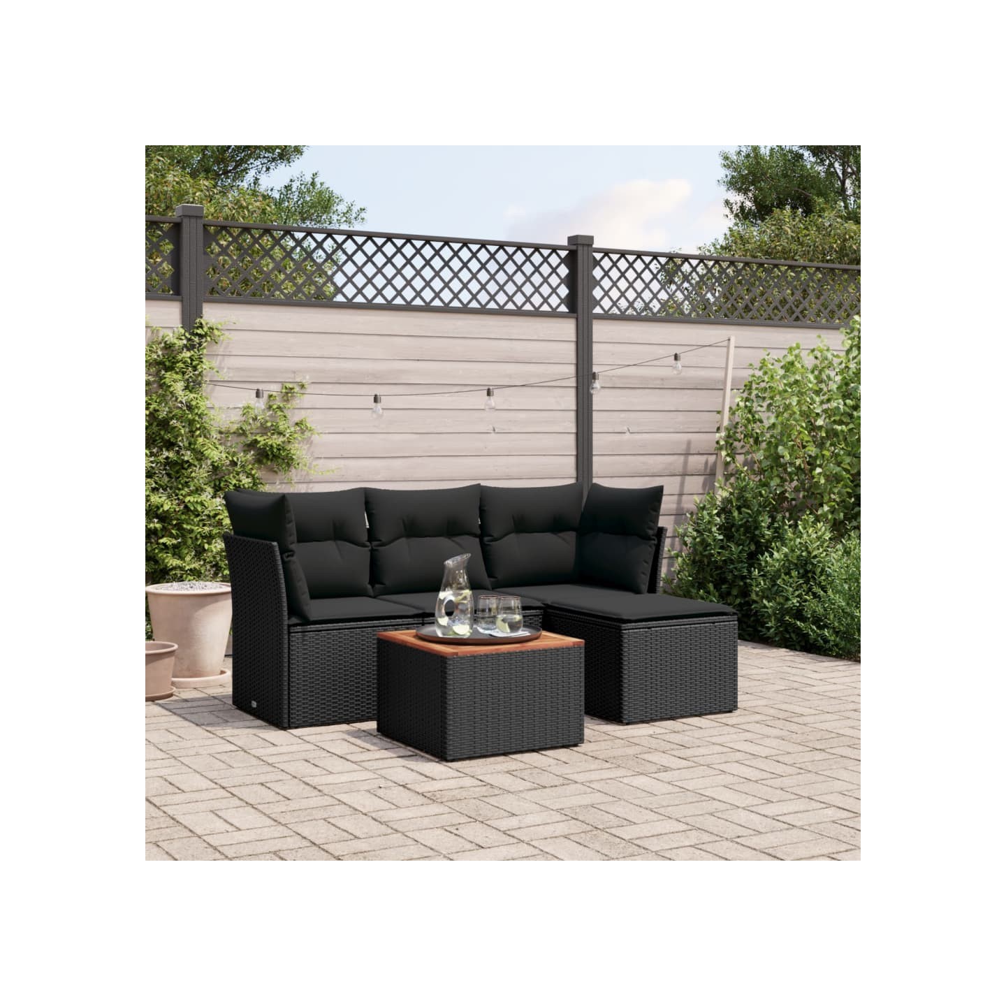 Salon de jardin 5 pcs avec coussins noir résine tressée