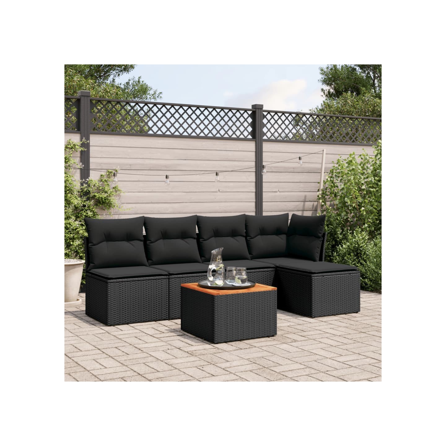 Salon de jardin 6 pcs avec coussins noir résine tressée