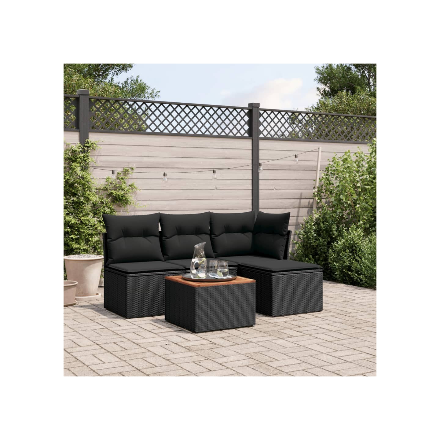Salon de jardin 5 pcs avec coussins noir résine tressée