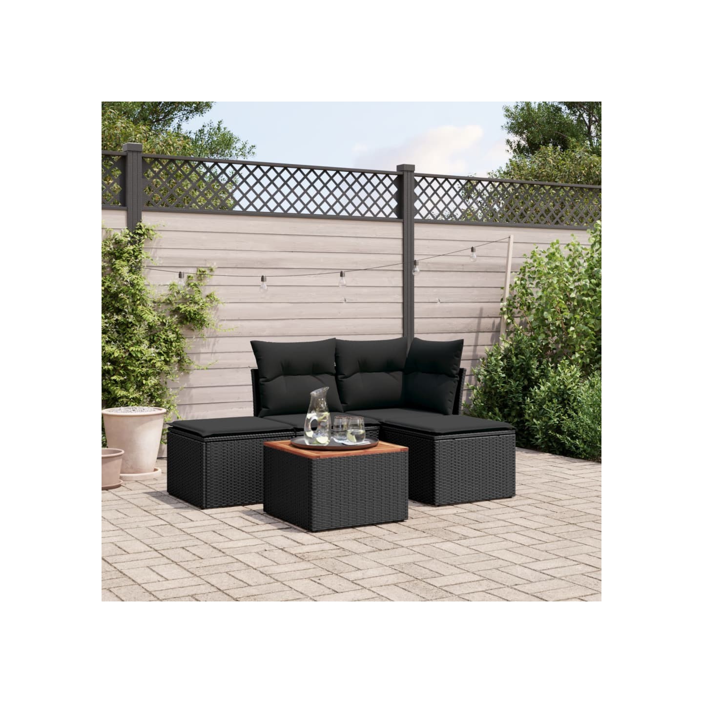 Salon de jardin 5 pcs avec coussins noir résine tressée