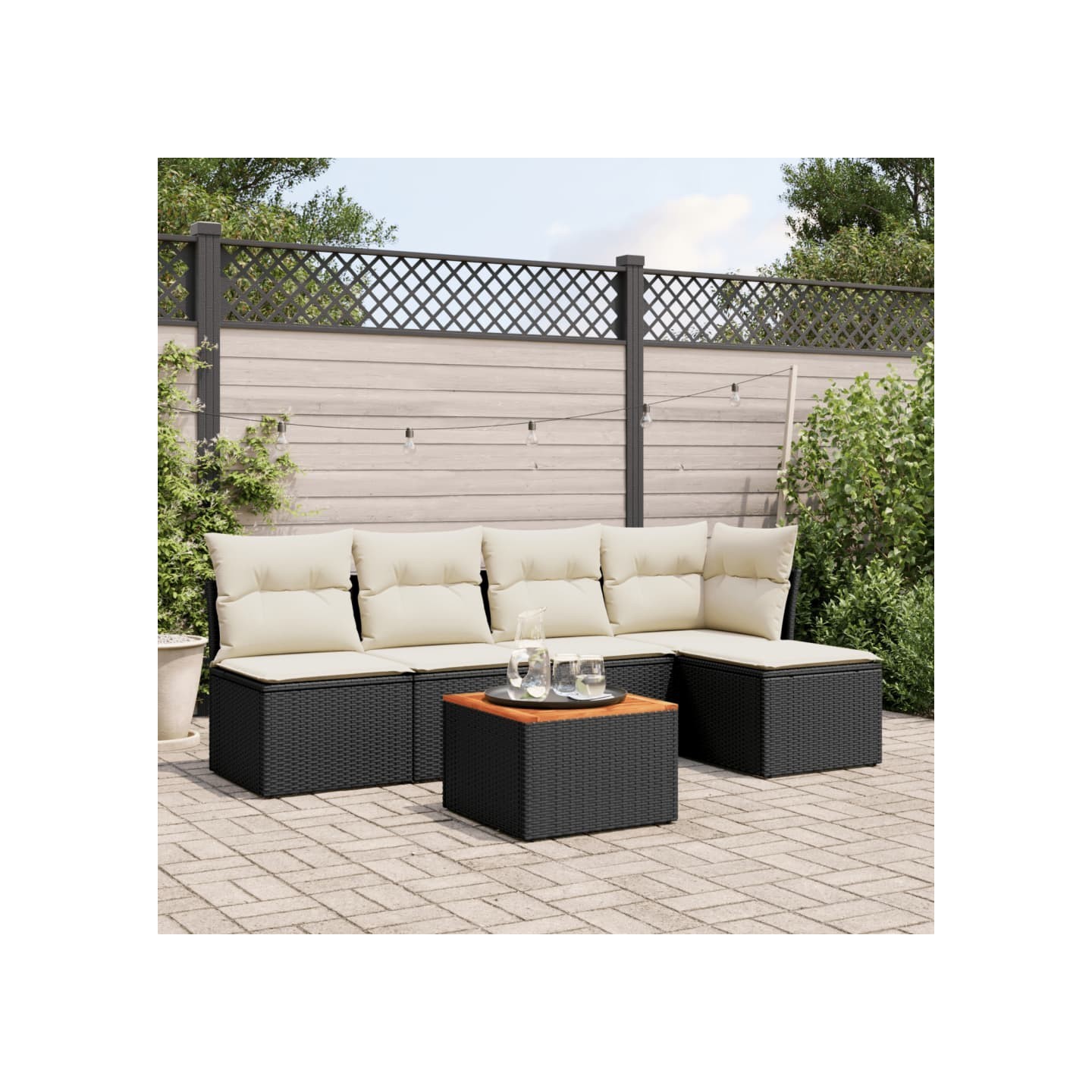 Salon de jardin 6 pcs avec coussins noir résine tressée