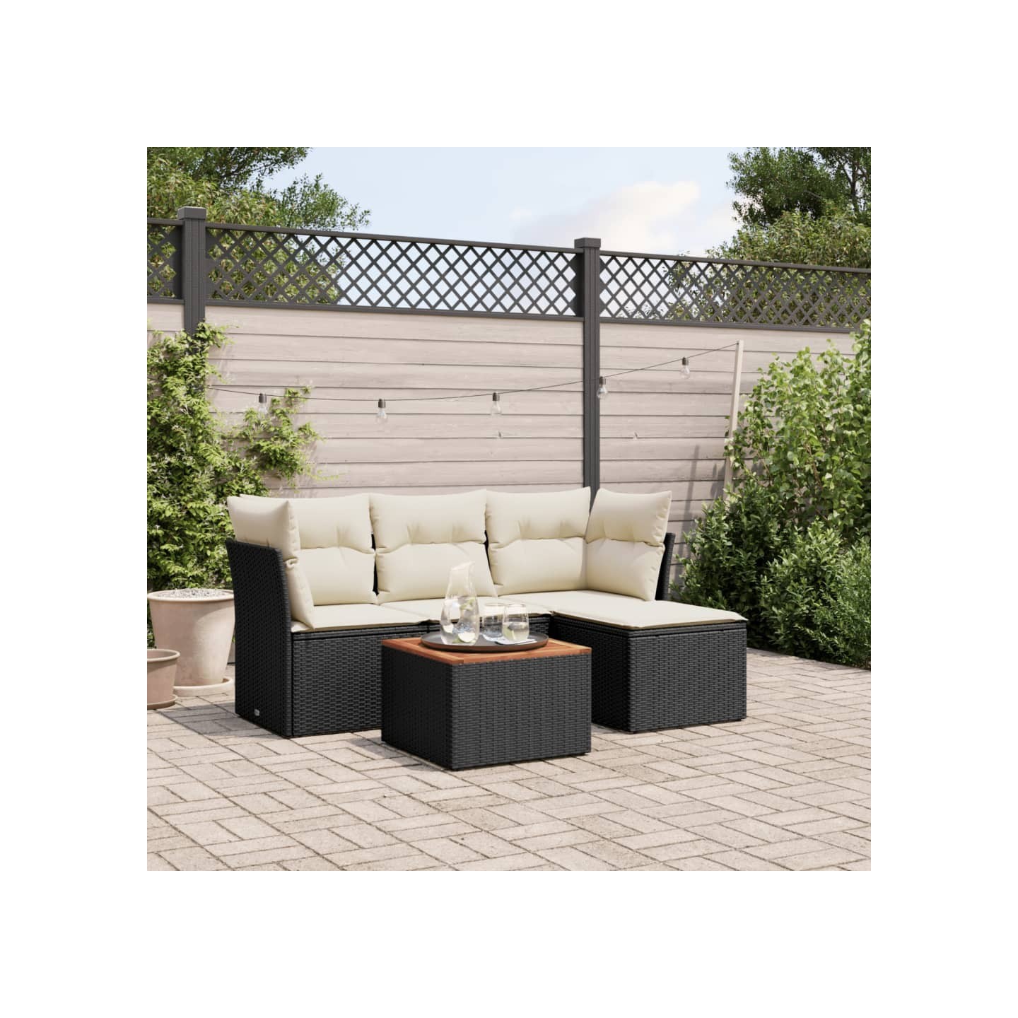 Salon de jardin 5 pcs avec coussins noir résine tressée