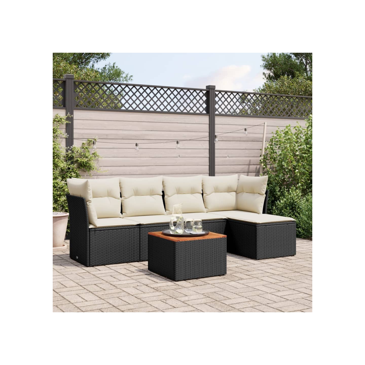 Salon de jardin 6 pcs avec coussins noir résine tressée