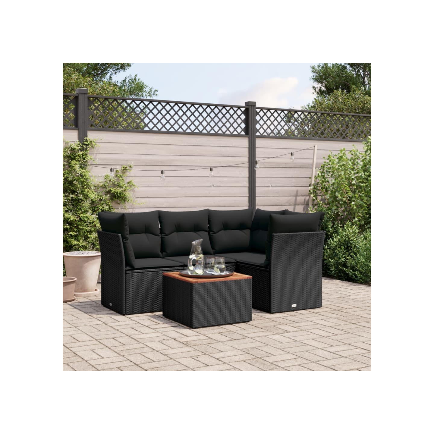 Salon de jardin 5 pcs avec coussins noir résine tressée