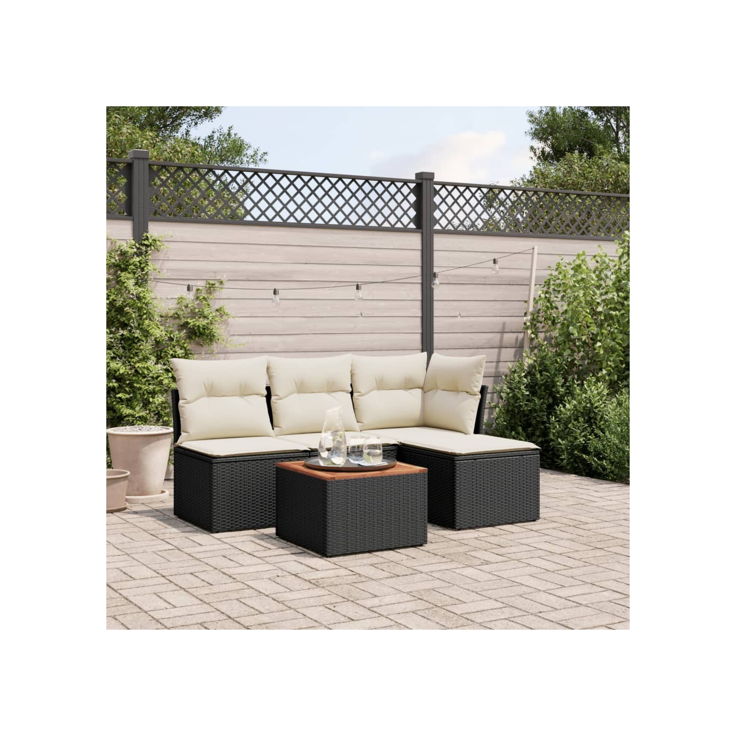 Salon de jardin 5 pcs avec coussins noir résine tressée
