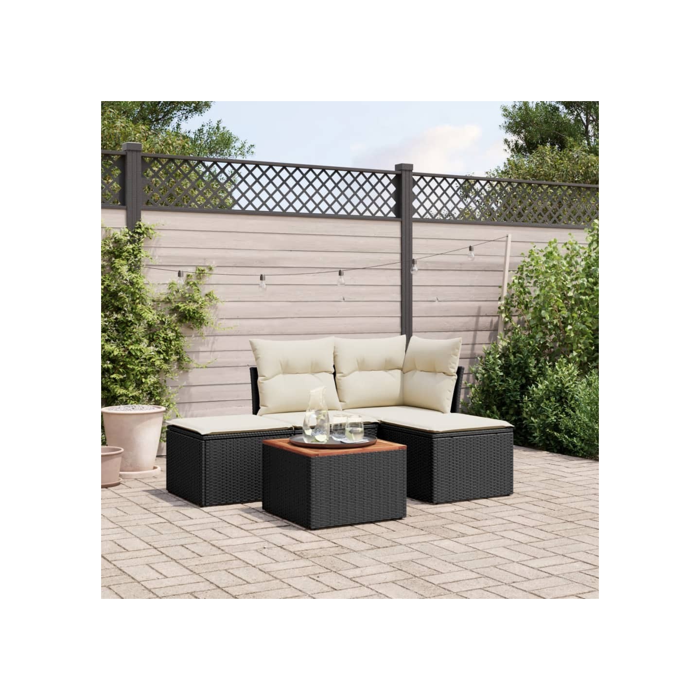 Salon de jardin 5 pcs avec coussins noir résine tressée