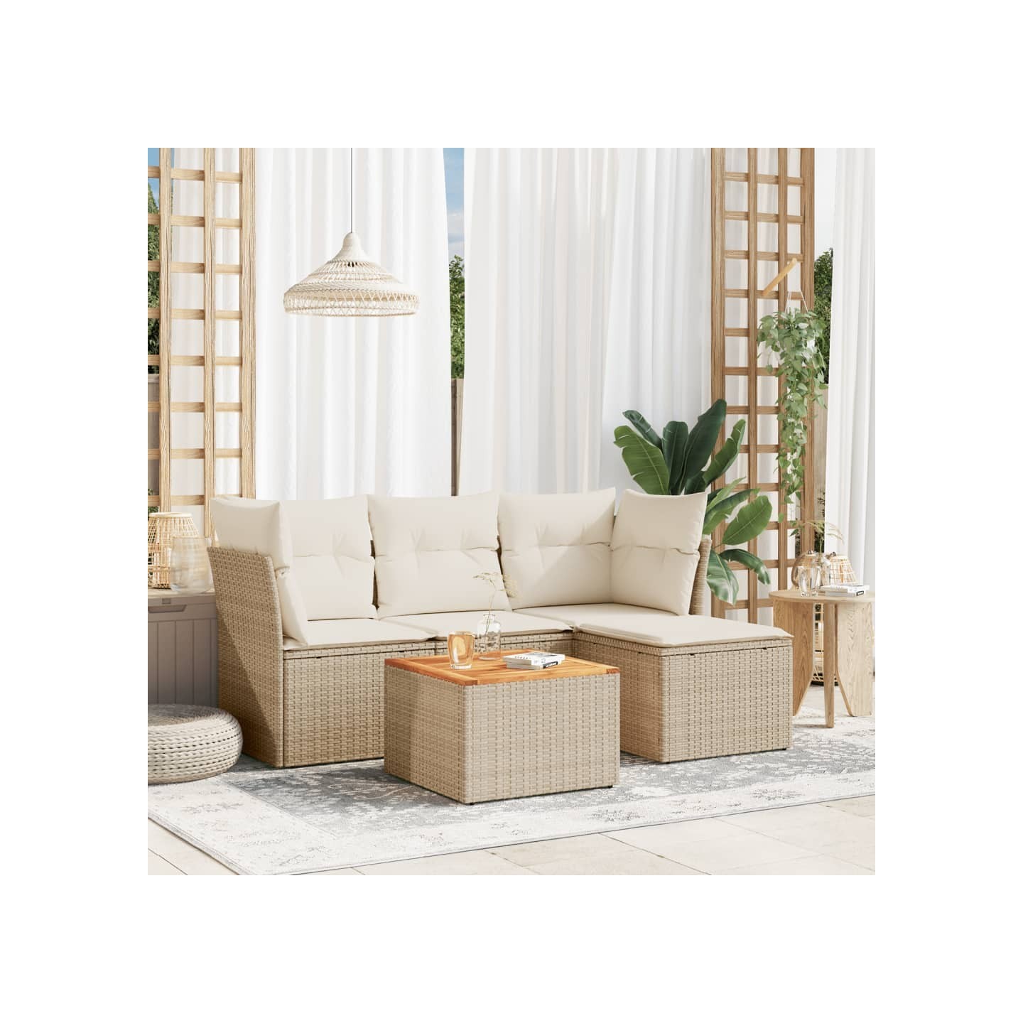 Salon de jardin avec coussins 5 pcs beige résine tressée
