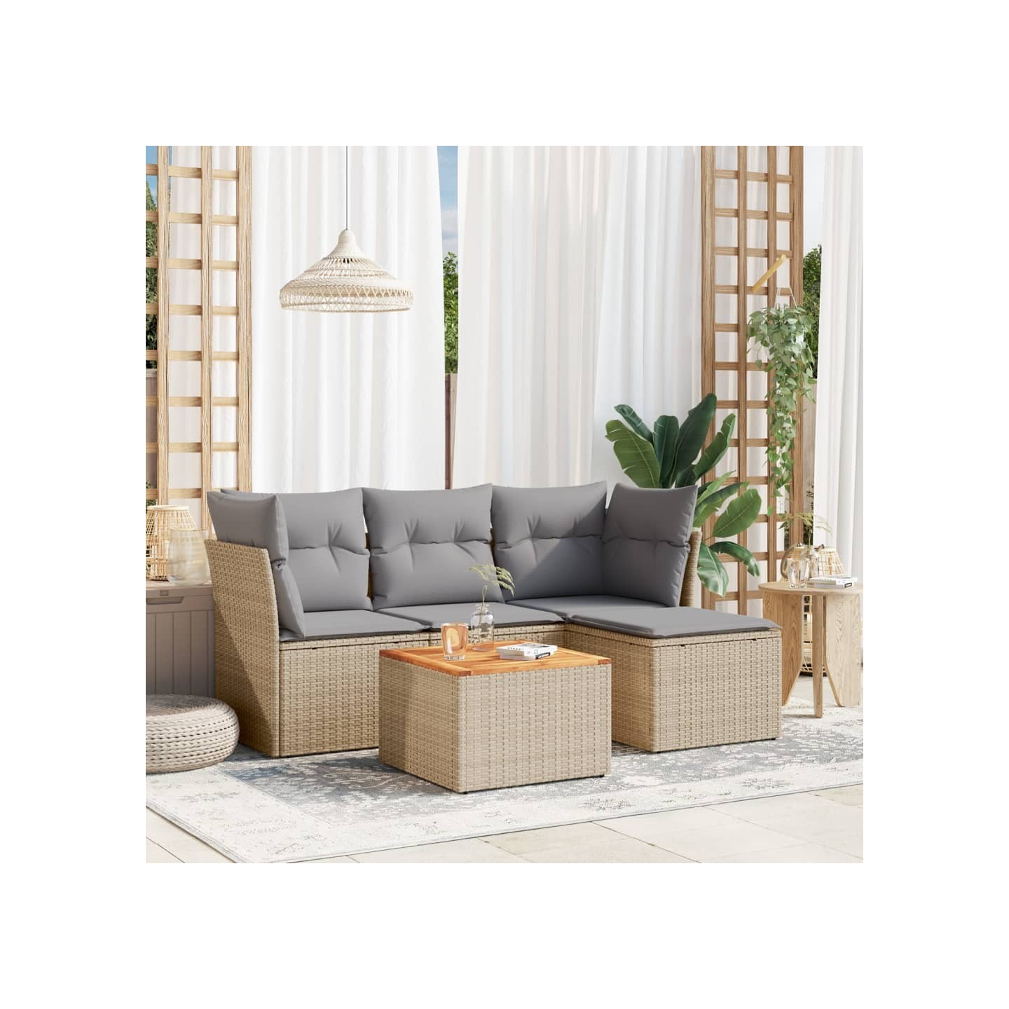Salon de jardin avec coussins 5 pcs beige résine tressée