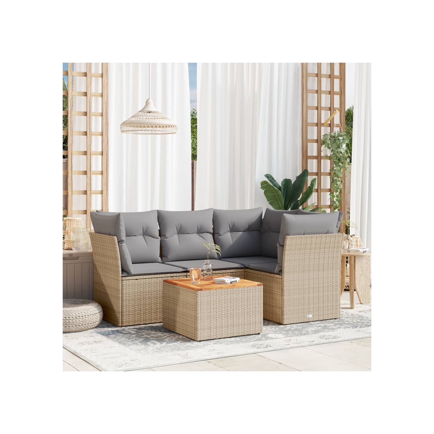 Salon de jardin avec coussins 5 pcs beige résine tressée