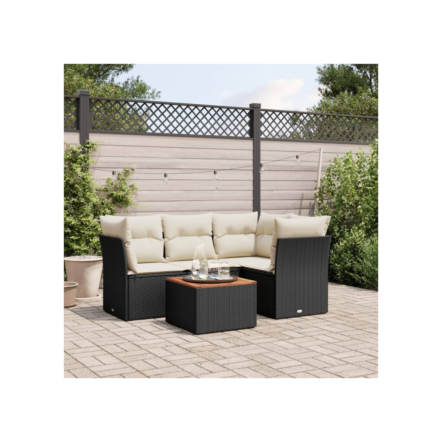Salon de jardin 5 pcs avec coussins noir résine tressée
