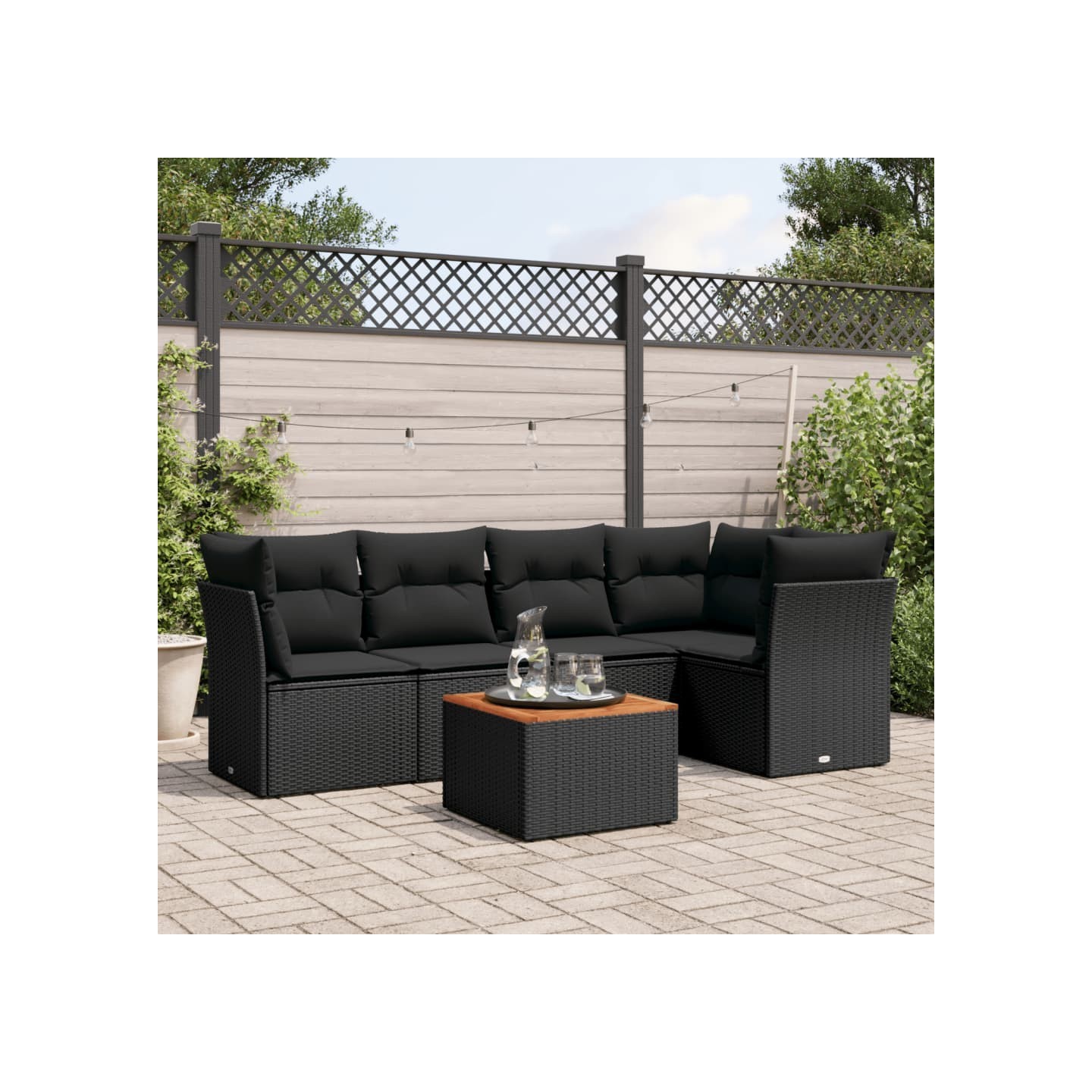 Salon de jardin 6 pcs avec coussins noir résine tressée