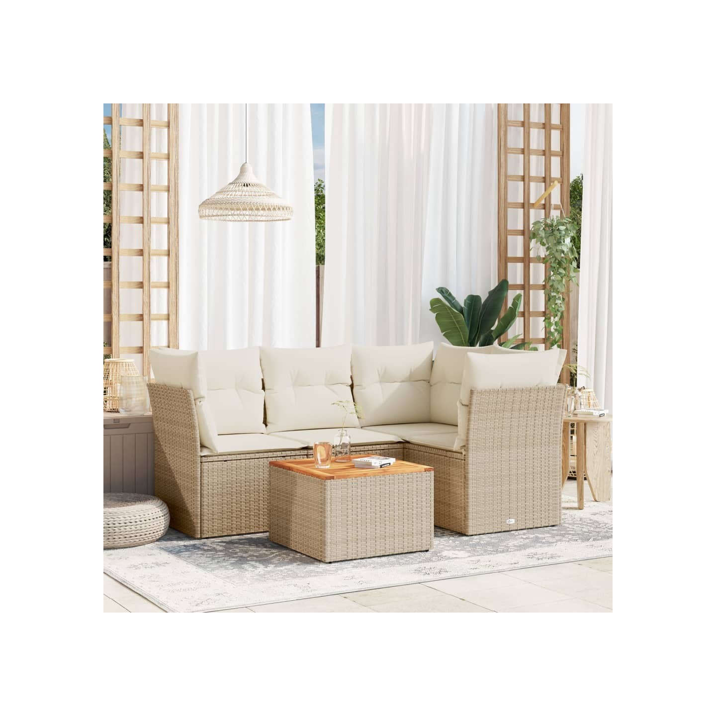 Salon de jardin avec coussins 5 pcs beige résine tressée