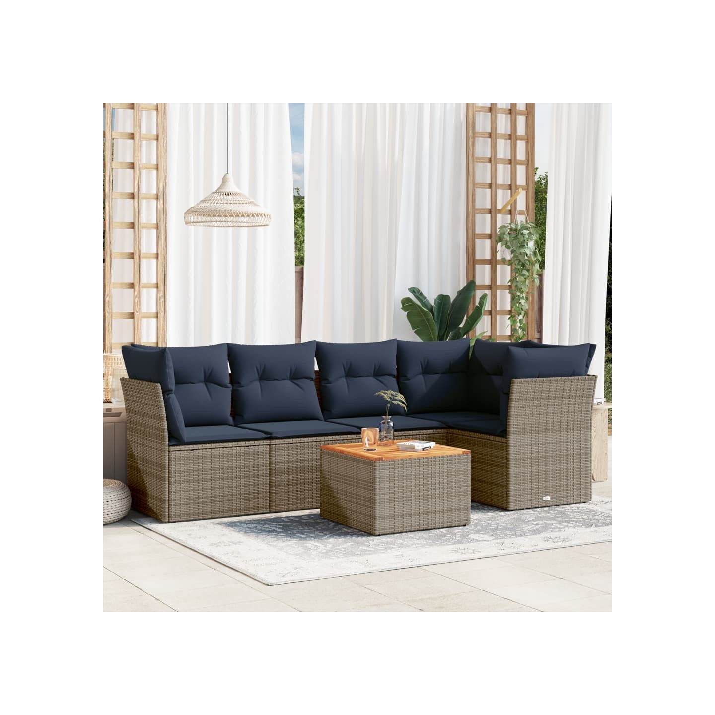 Salon de jardin 6 pcs avec coussins gris résine tressée
