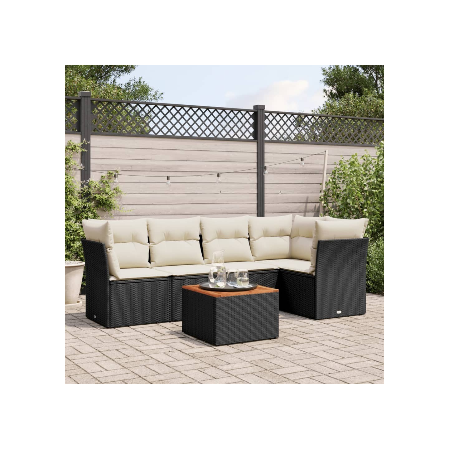 Salon de jardin 6 pcs avec coussins noir résine tressée