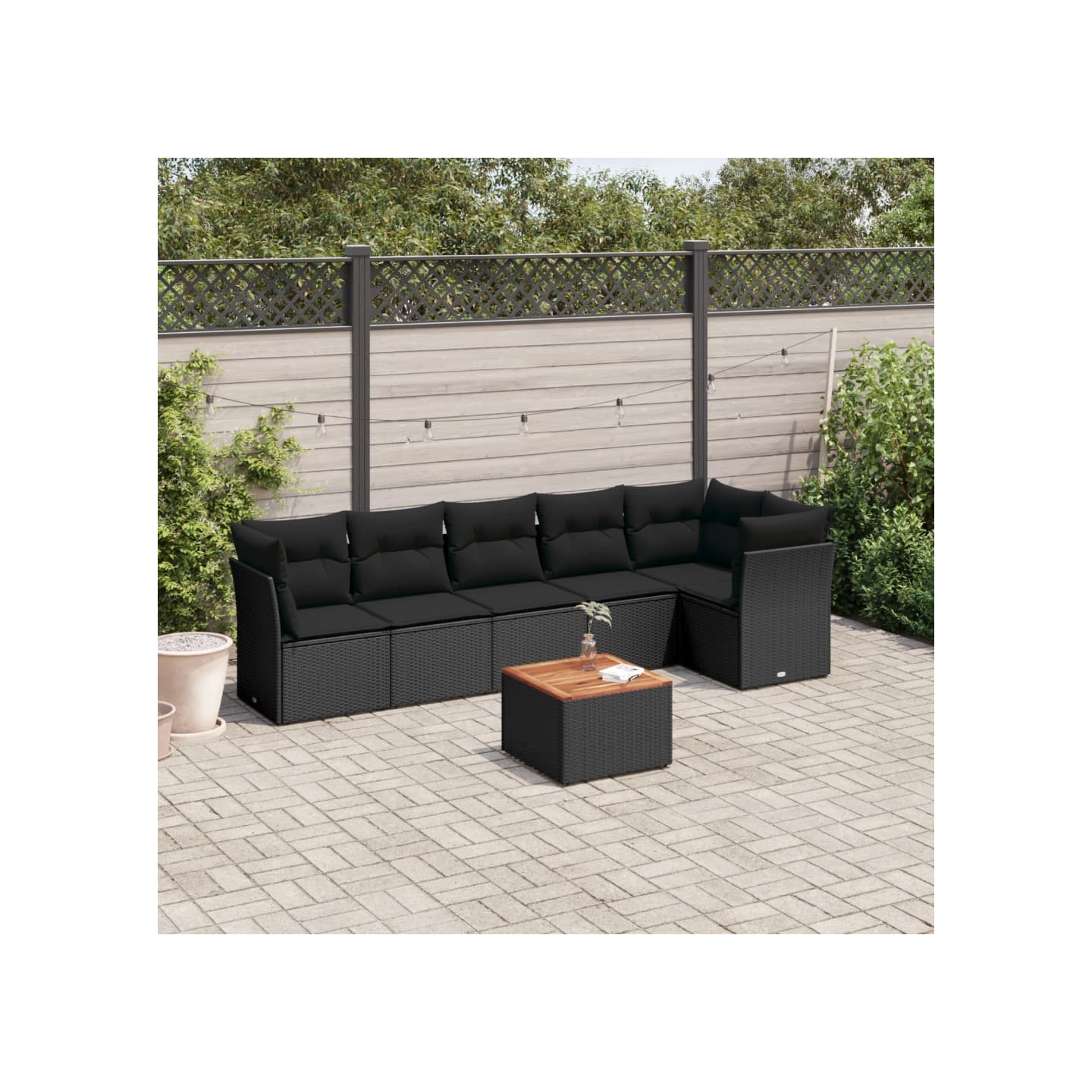 Salon de jardin 7 pcs avec coussins noir résine tressée