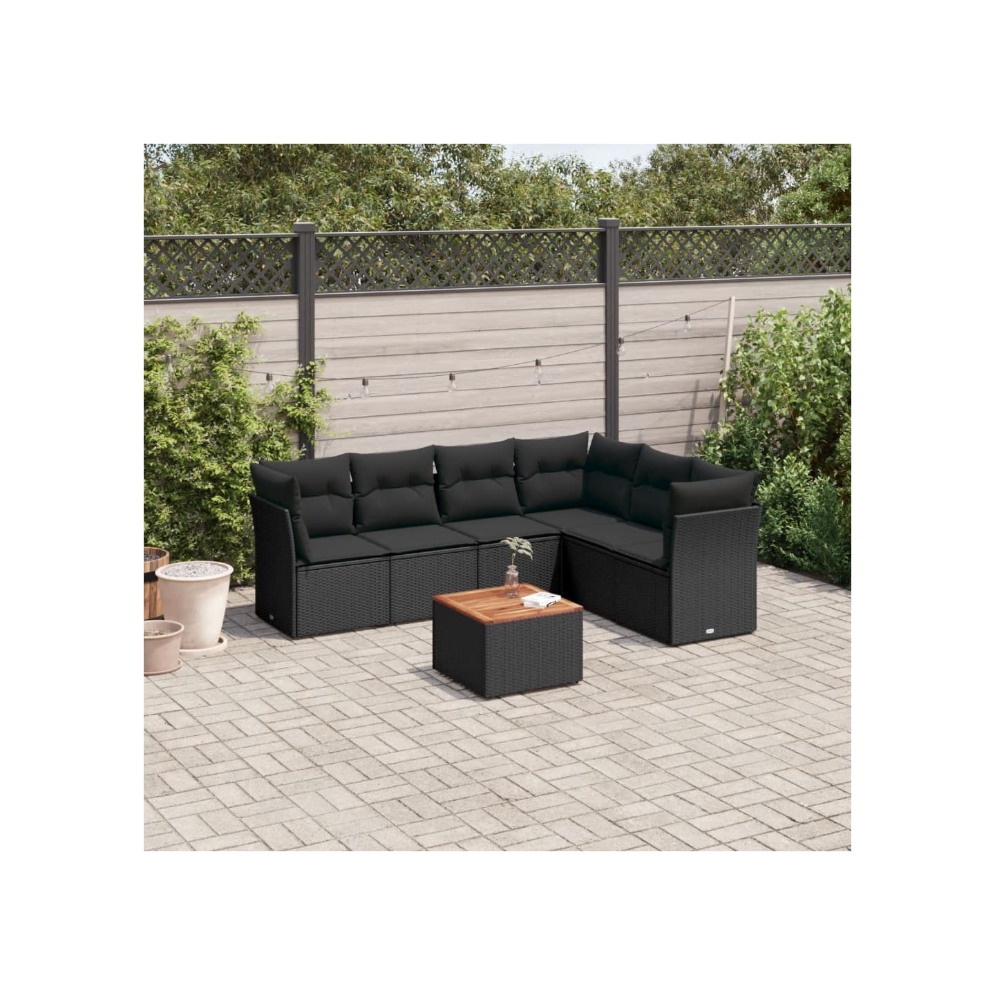 Salon de jardin 7 pcs avec coussins noir résine tressée
