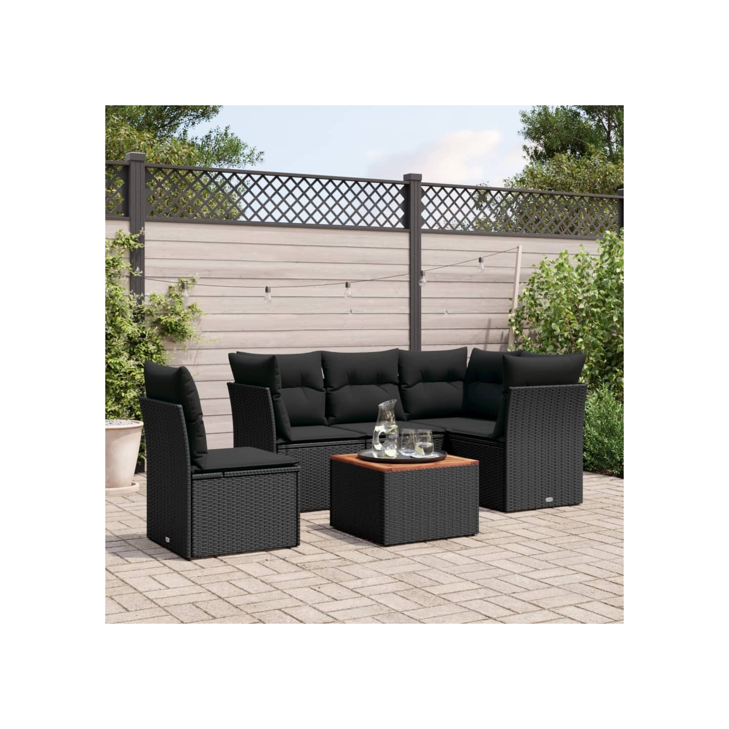 Salon de jardin 6 pcs avec coussins noir résine tressée