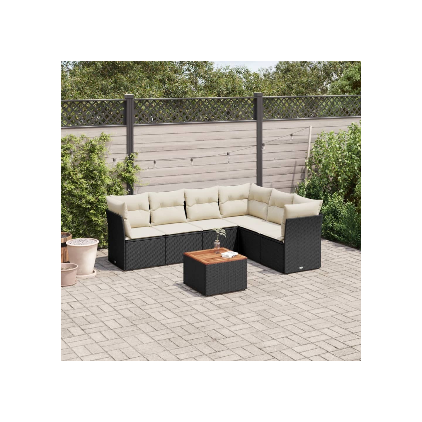 Salon de jardin 7 pcs avec coussins noir résine tressée