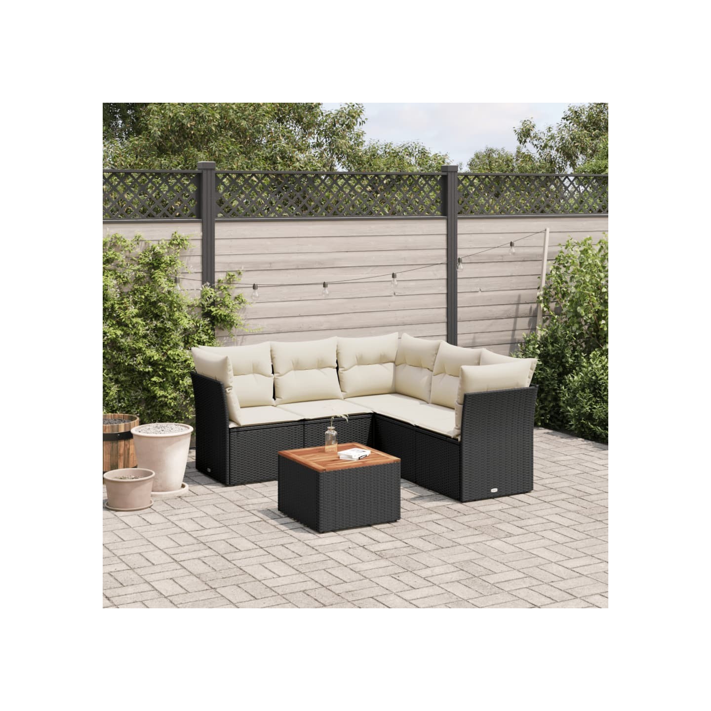 Salon de jardin 6 pcs avec coussins noir résine tressée