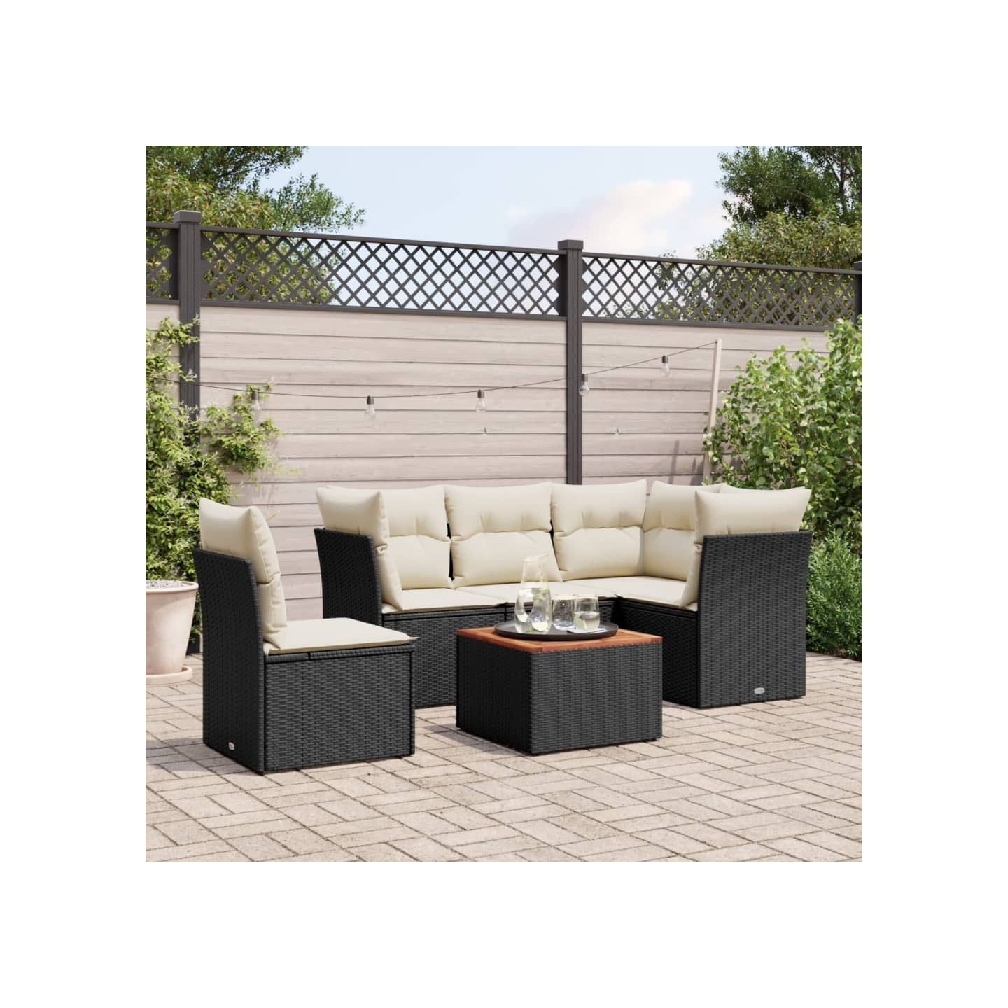 Salon de jardin 6 pcs avec coussins noir résine tressée