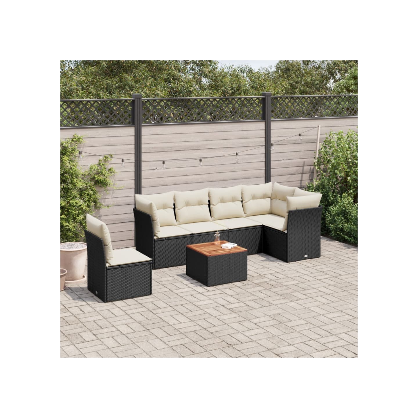 Salon de jardin 7 pcs avec coussins noir résine tressée
