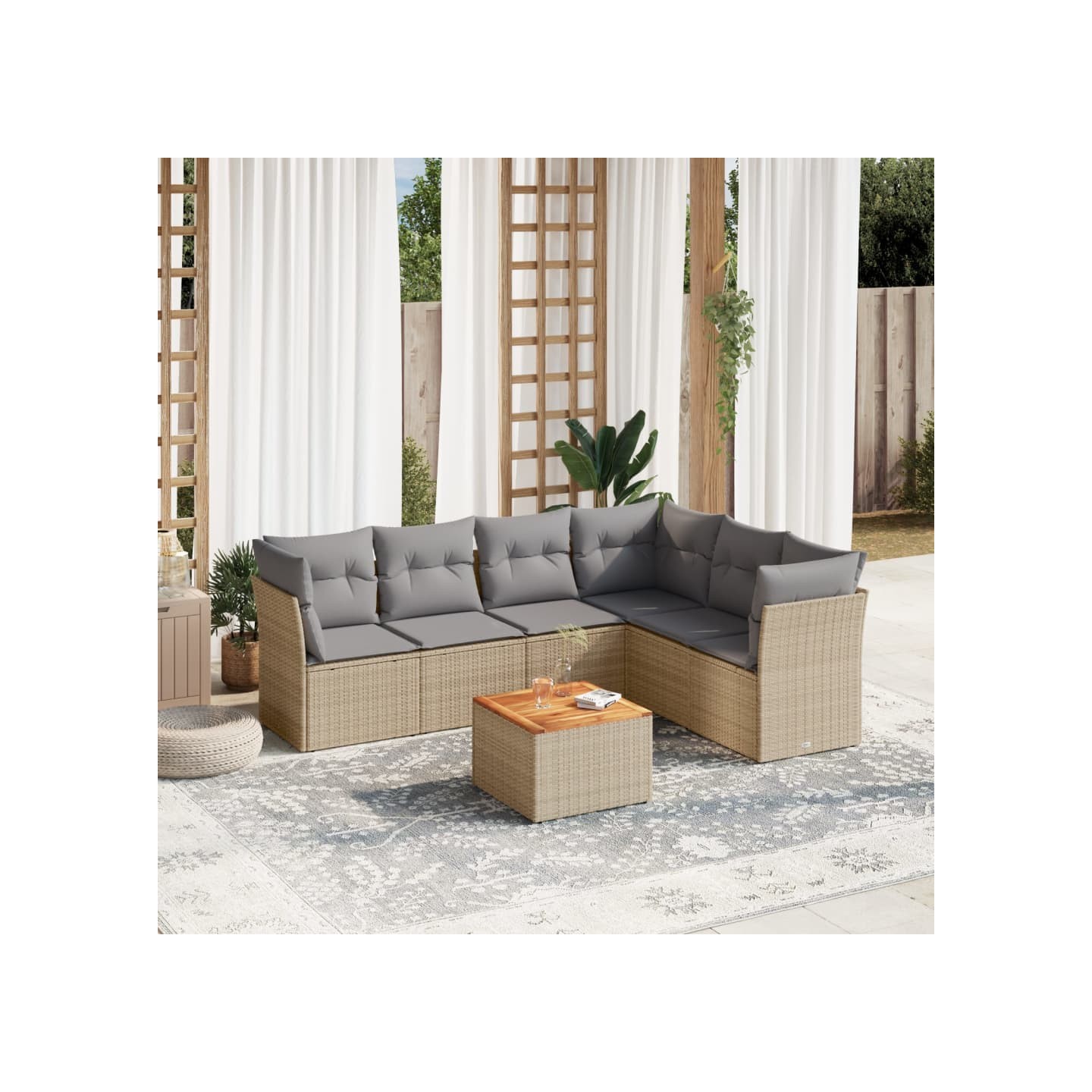 Salon de jardin avec coussins 7 pcs beige résine tressée