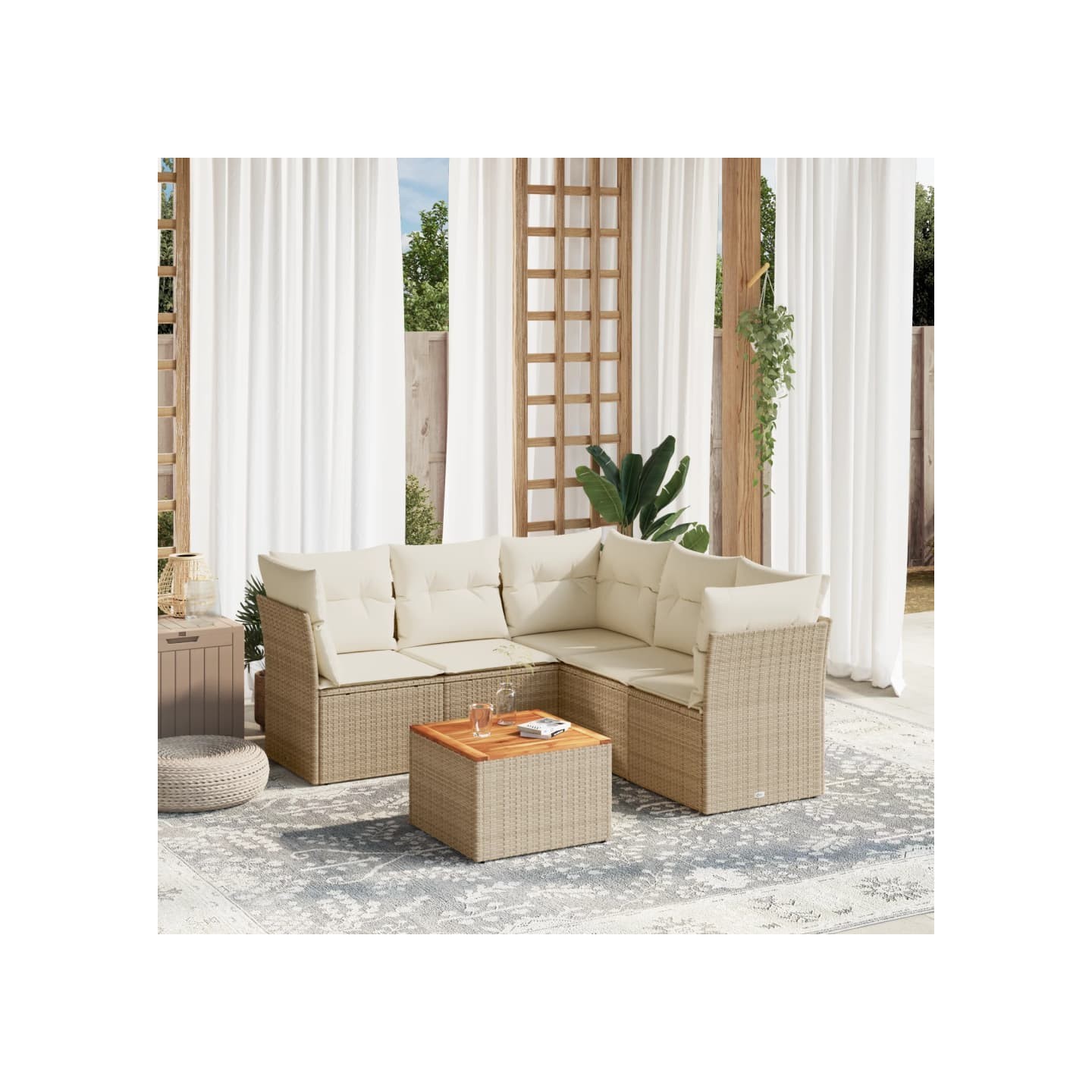 Salon de jardin avec coussins 6 pcs beige résine tressée
