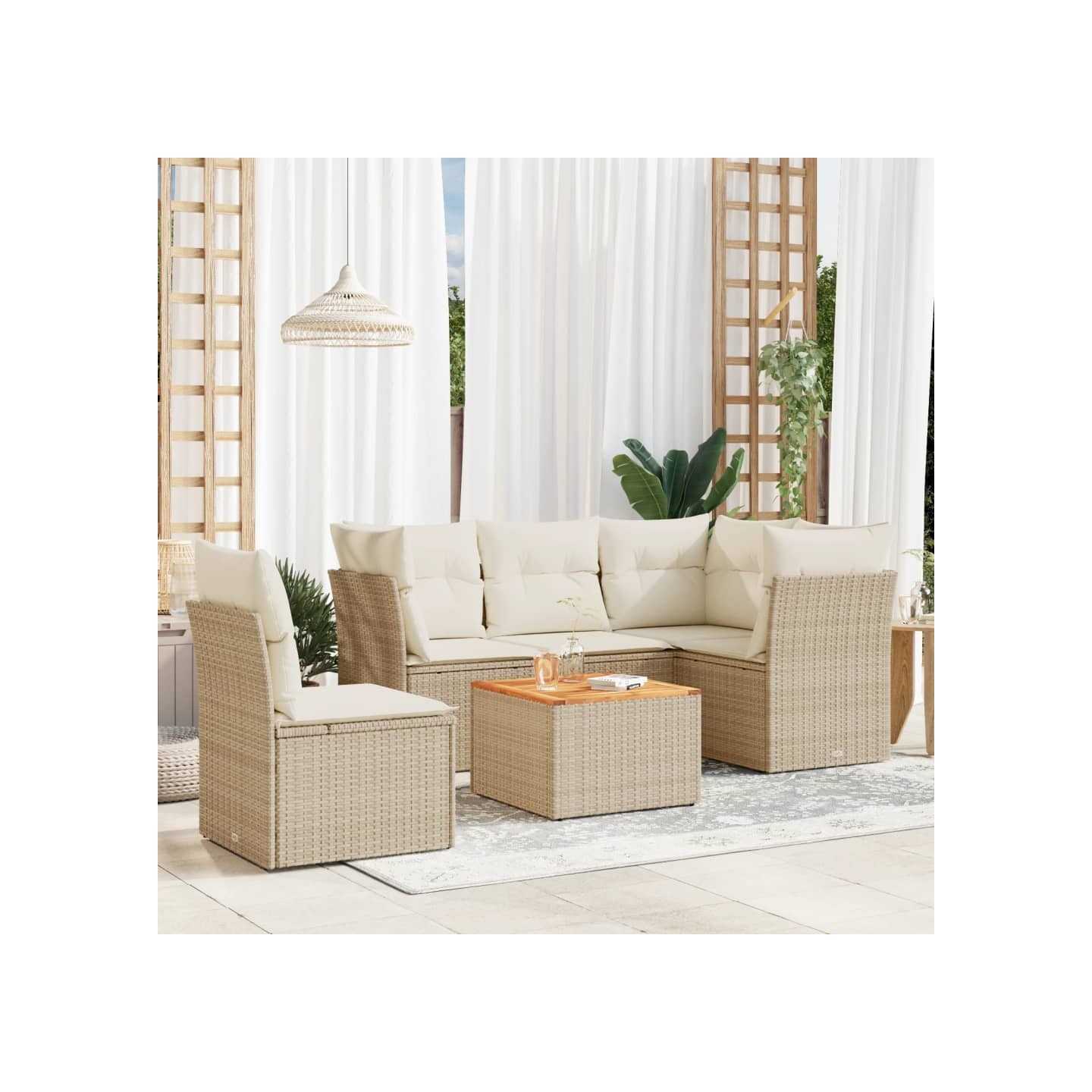 Salon de jardin avec coussins 6 pcs beige résine tressée
