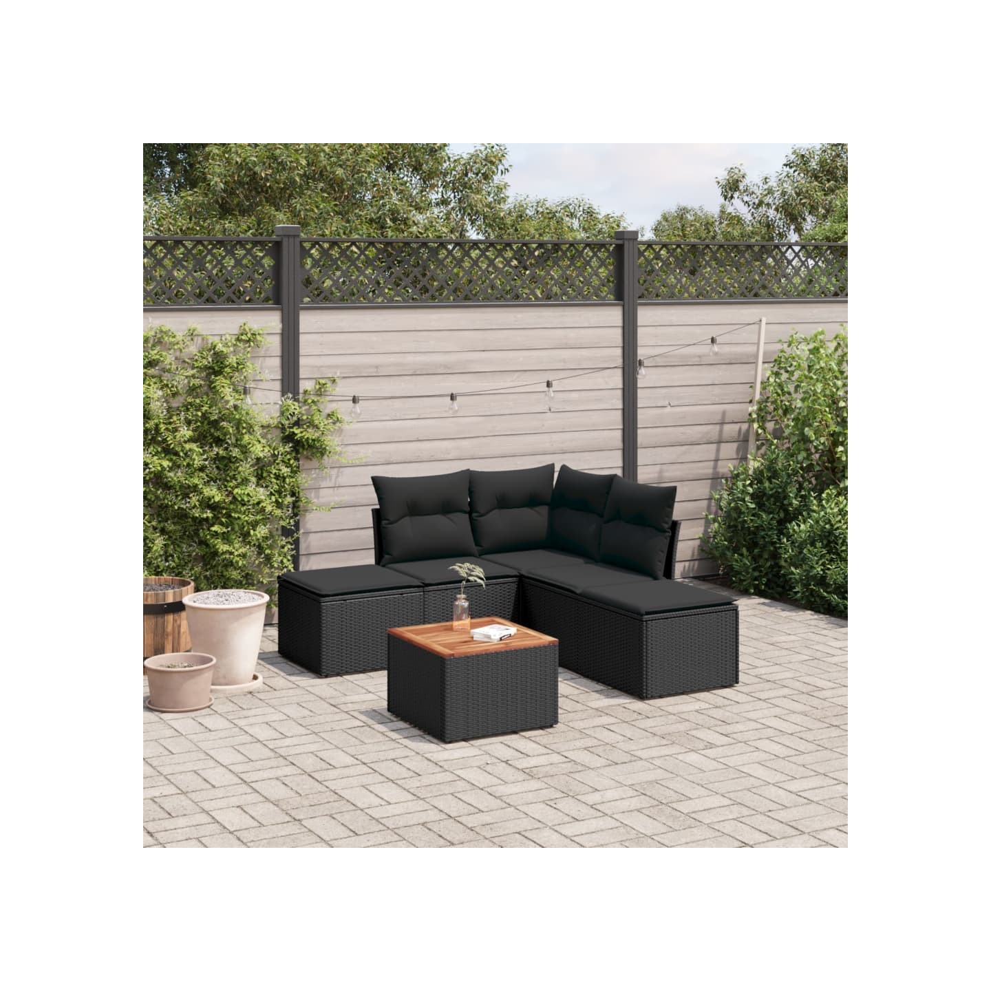 Salon de jardin 6 pcs avec coussins noir résine tressée