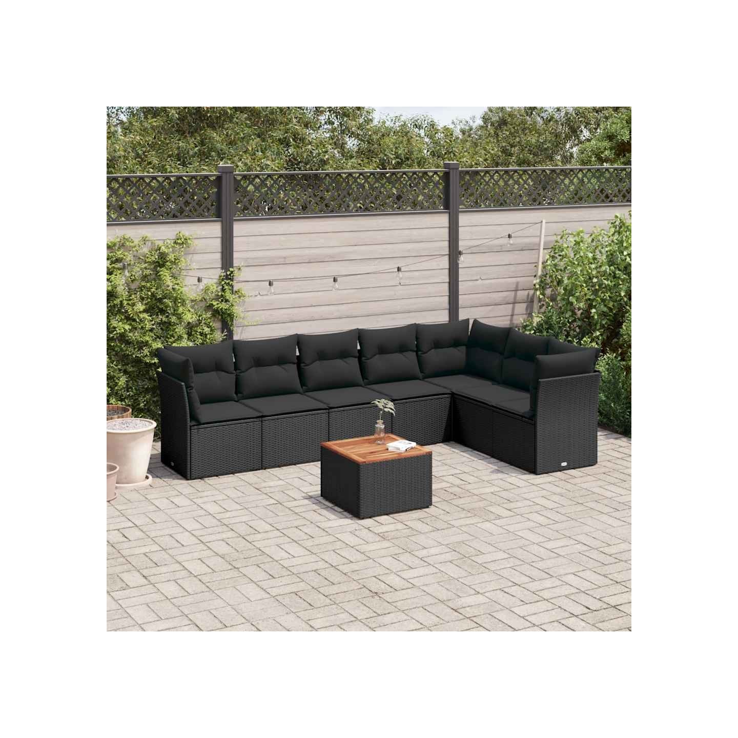Salon de jardin 8 pcs avec coussins noir résine tressée