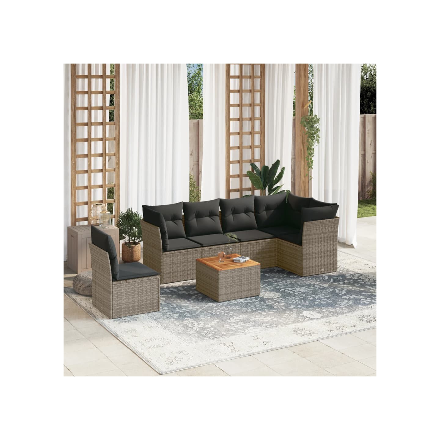 Salon de jardin avec coussins 7 pcs gris résine tressée