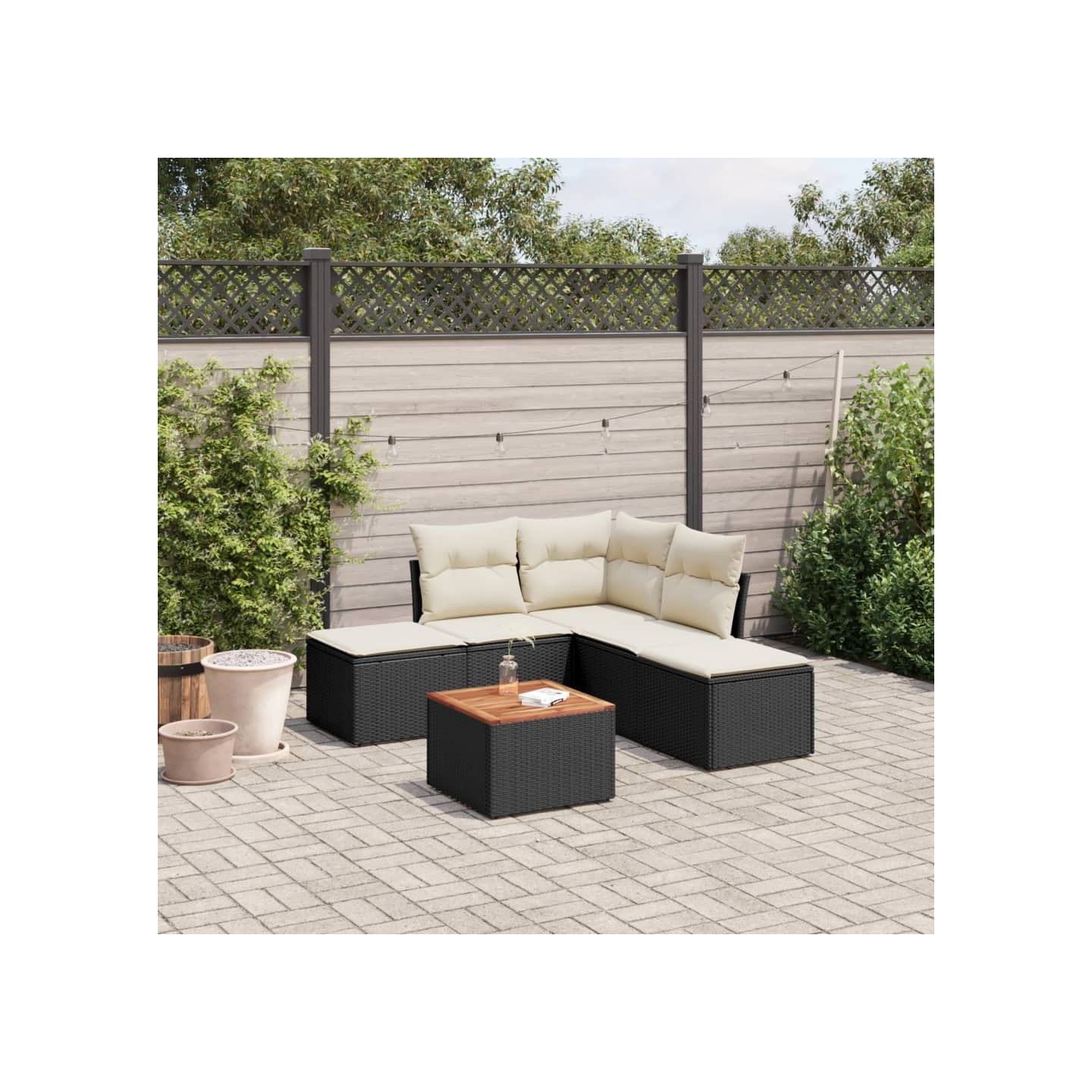 Salon de jardin 6 pcs avec coussins noir résine tressée