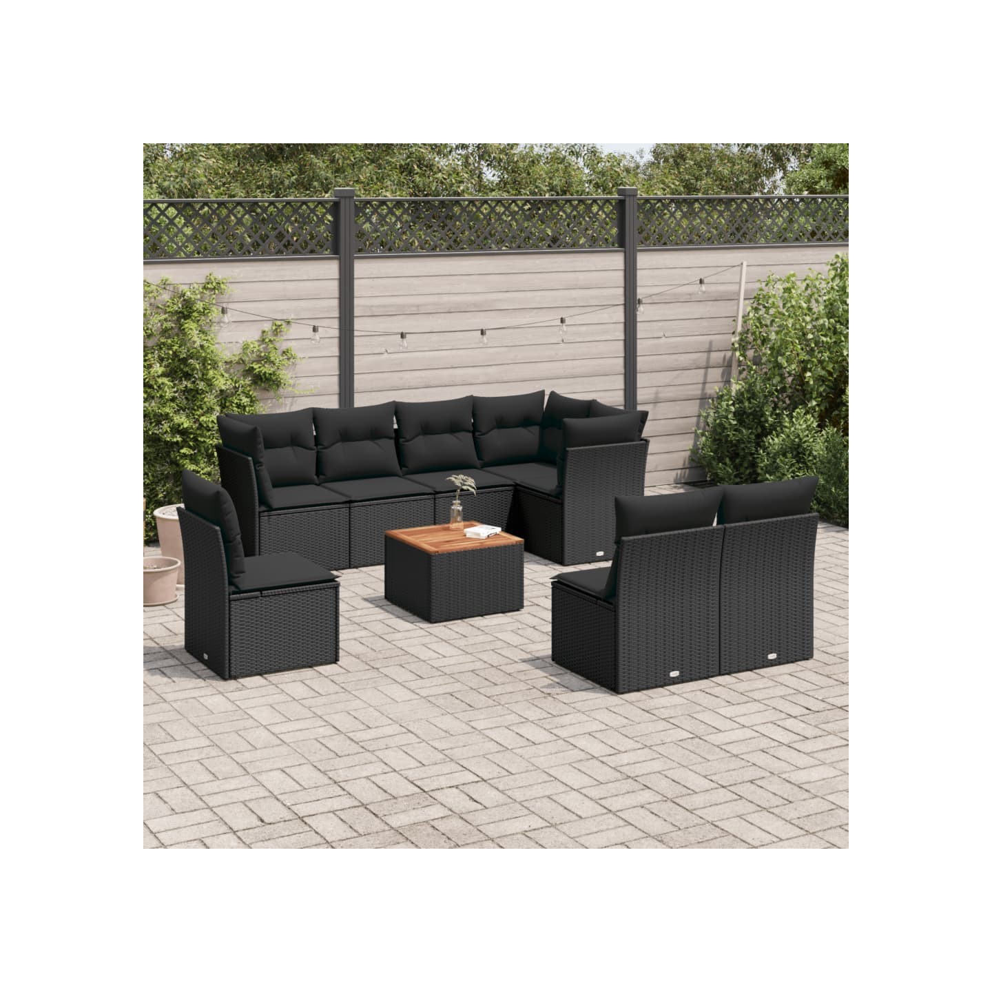 Salon de jardin 9 pcs avec coussins noir résine tressée