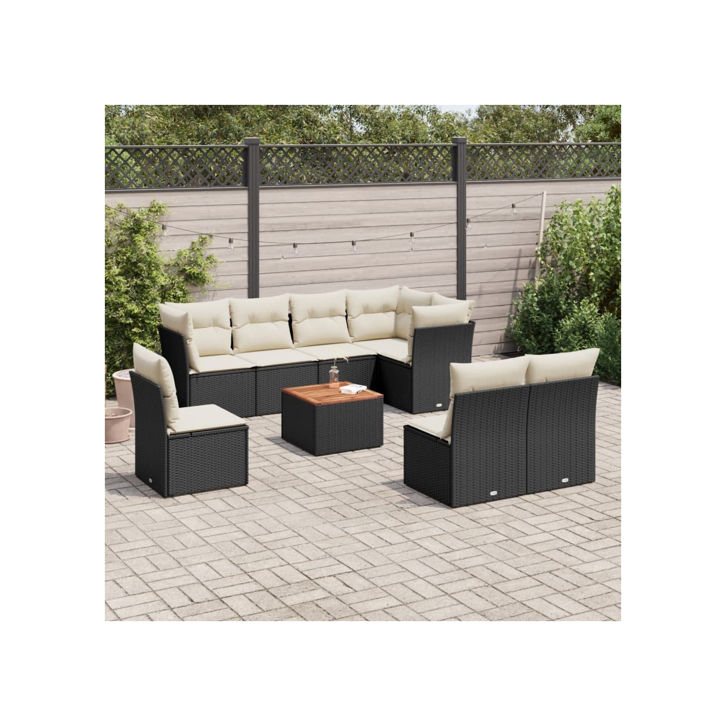 Salon de jardin 9 pcs avec coussins noir résine tressée